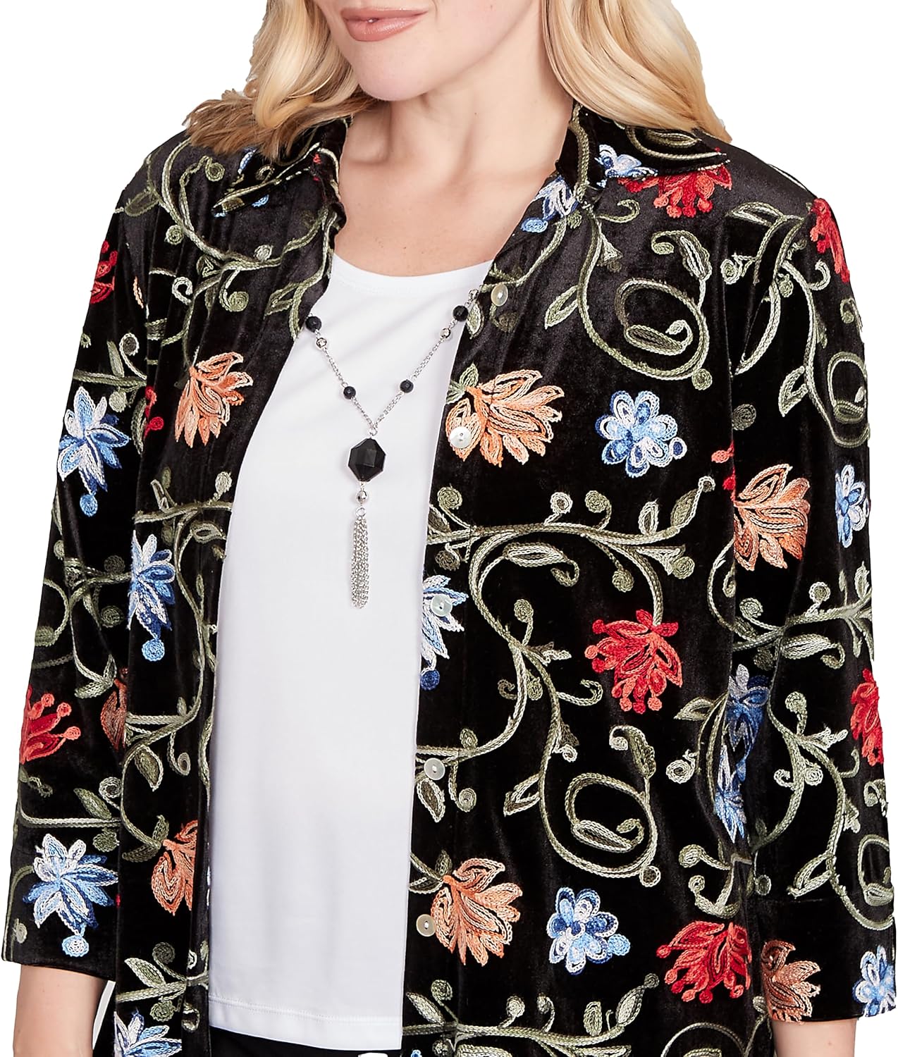 Alfred Dunner Women's Rich Velvet Floral Two in One Top with Necklace