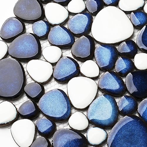 Miniatura 8 de Azulejos de cerámica de guijarros de 5 hojas, azulejos de cerámica en forma de corazón de 12 x 12 pulgadas, azulejos de mosaico azul oscuro montados