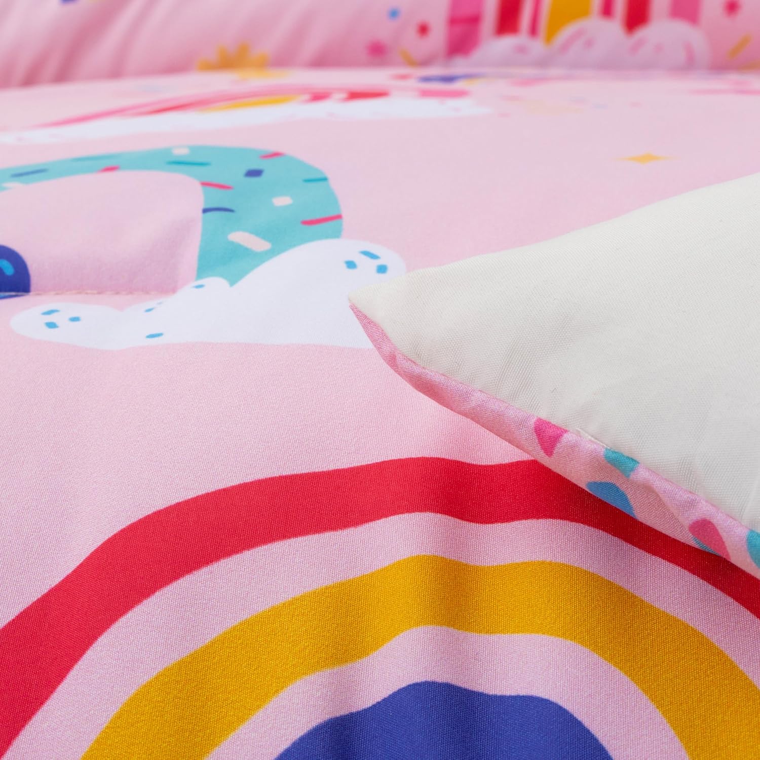 Btargot Lightweight Soft 3 Piece Rainbow Comforter Set with 2 Pillow Covers, Cartoon Love Hearts Suns and Stars Bedding Set for Girls Boys Kids, Twin Light Pink