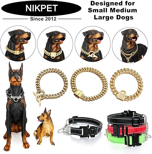 Miniatura 8 de Collar de cadena de oro para perro, de metal de 18 quilates, cadena de eslabones cubanos de acero inoxidable fuerte, resistente, a prueba de