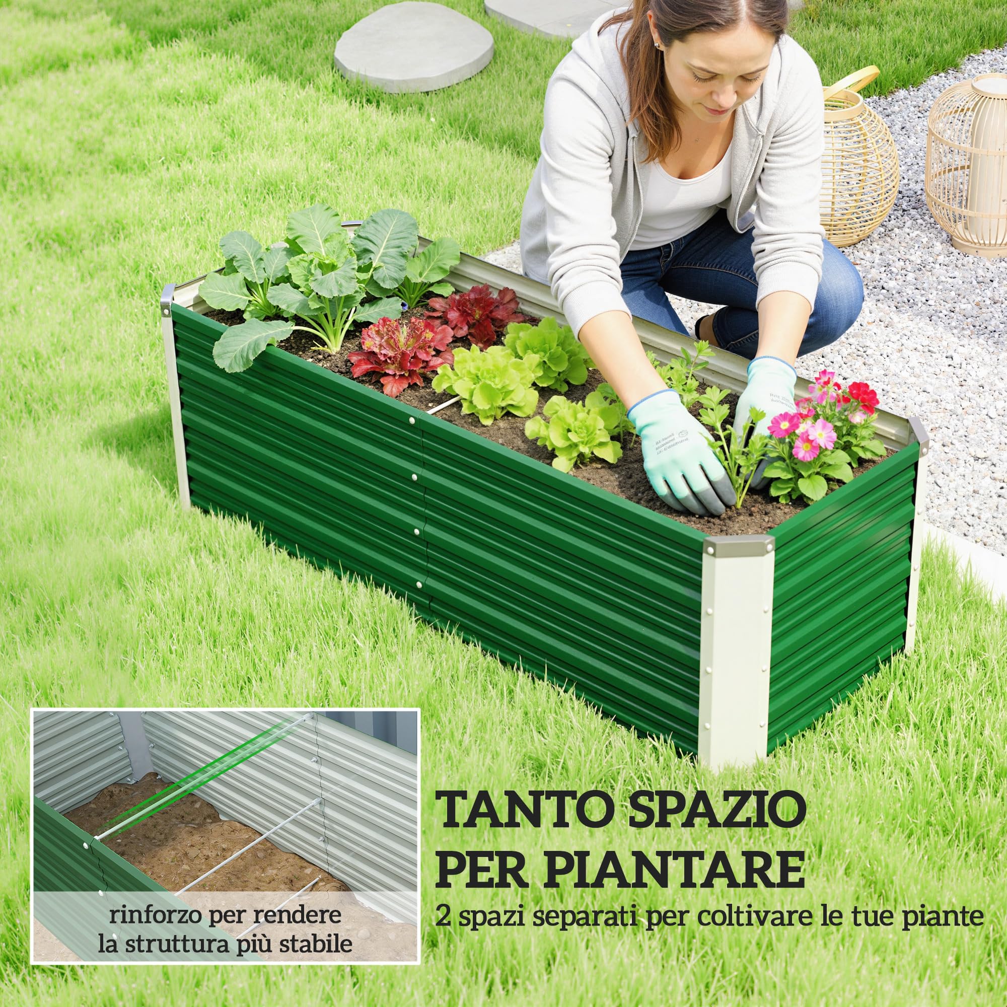 Outsunny Letto per Orto Rialzato da Esterno 210L, Fioriera da Balcone in Acciaio Galvanizzato con Fondo Aperto, per Piante, Fiori e Verdure, 125x47x44 cm, Verde