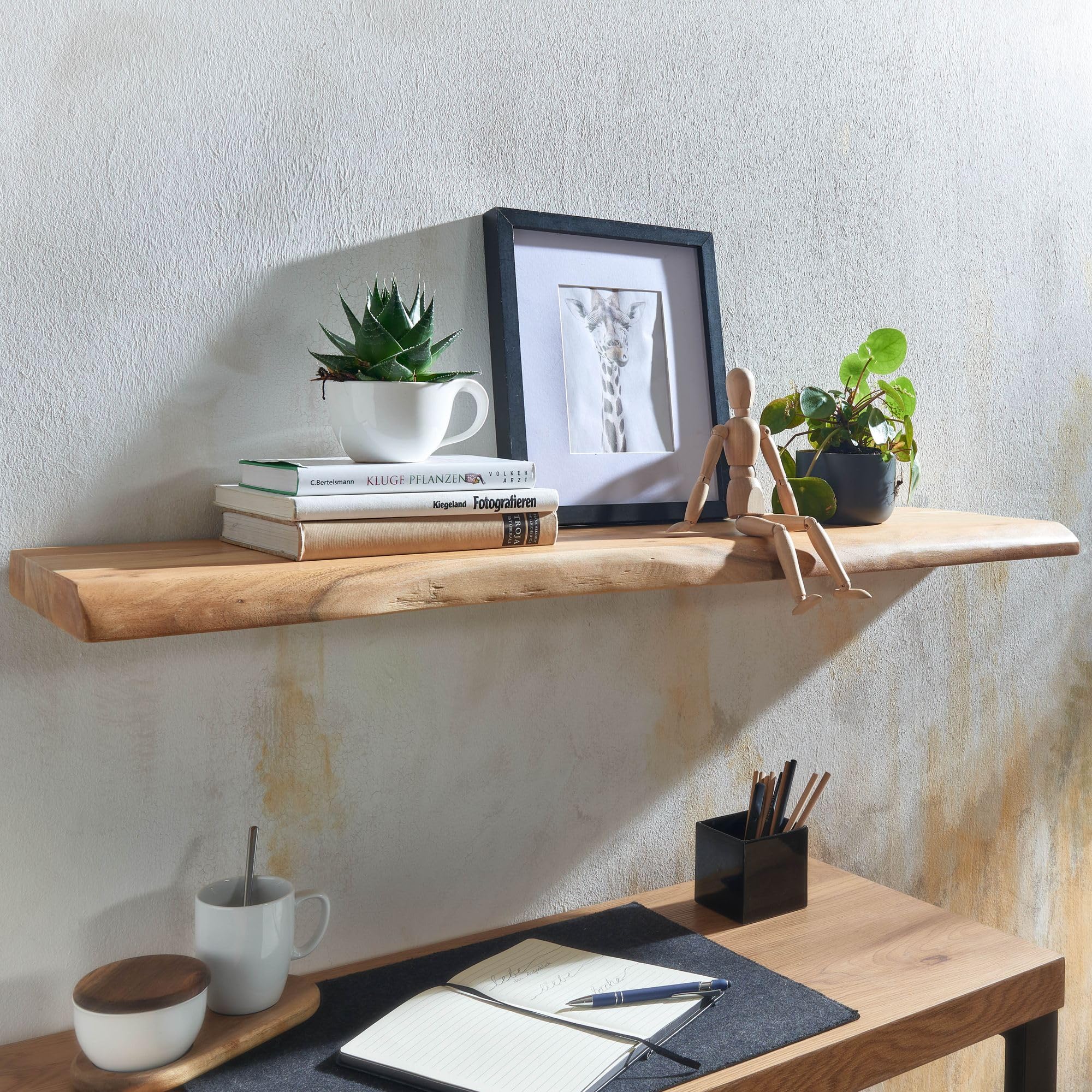 FineBuy Estantería de Pared 100 cm Moderna Madera Maciza de Acacia | Estante Colgante de Flotación Libre Rectangular con Borde de Árbol | Estantería flotante de madera auténtica con borde natural, estilo rústico, hecho a mano, único