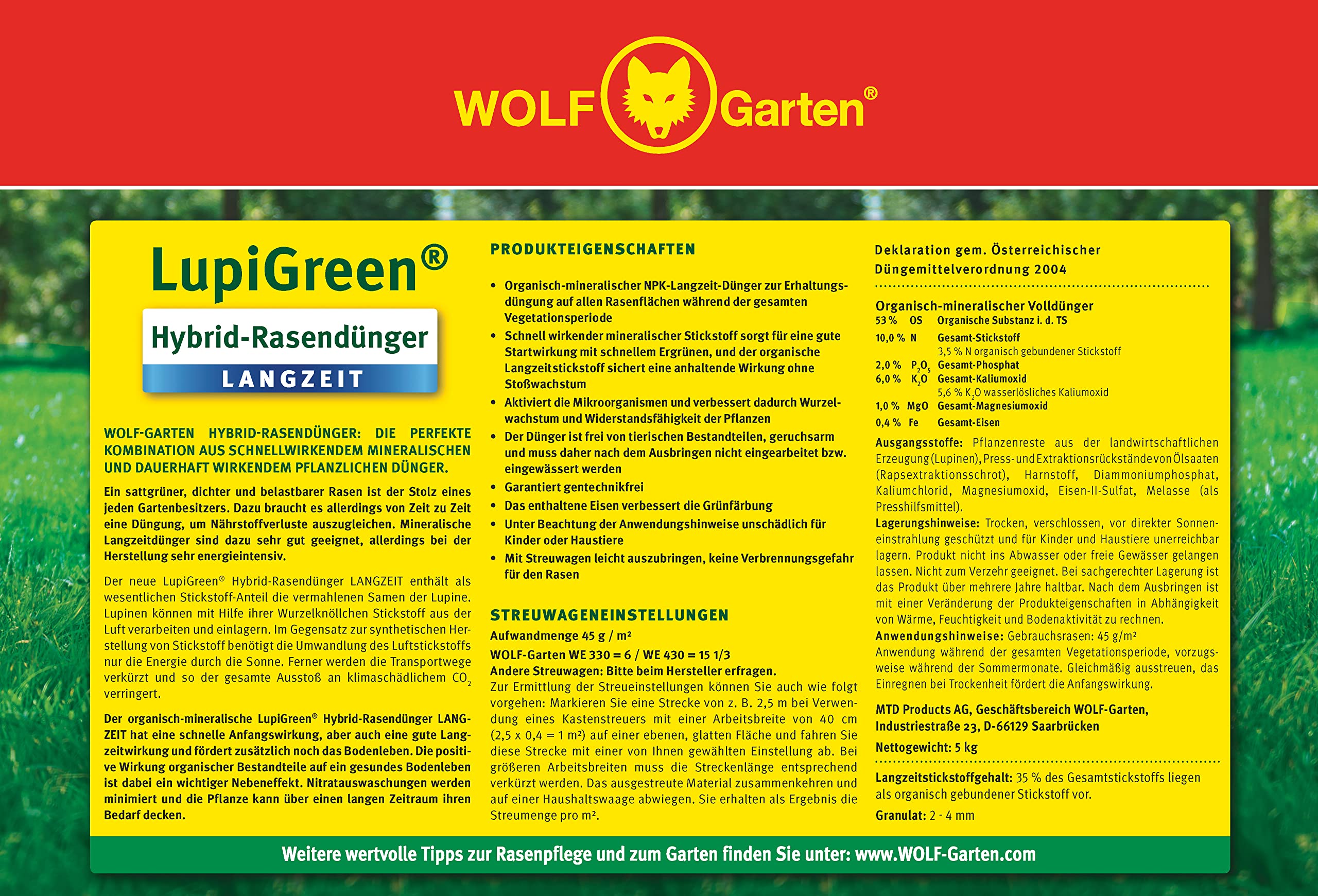 WOLF Garten | LupiGreen Hybrid-Rasendnger Langzeit LU-L110 fr 110m |  Aus Lupinen hergestellter organisch-mineralischer Dngermix; 77AR1001650 :  Amazon.de: Garten