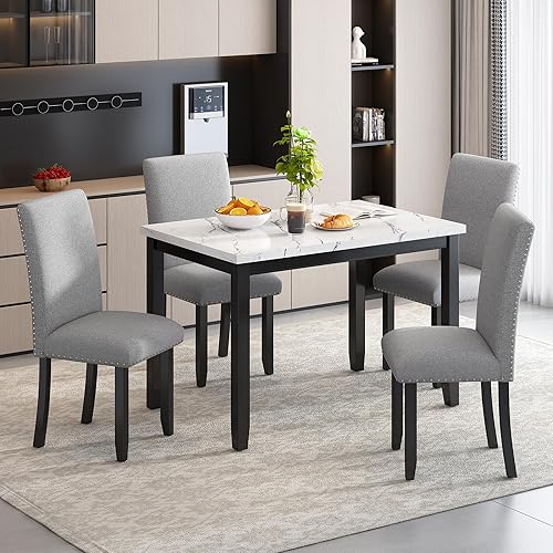 Miniatura 10 de SIYSNKSI Juego de mesa de comedor de 5 piezas de alta calidad, mesa de comedor rectangular de mármol con 4 sillas de asiento tapizadas de terciopelo
