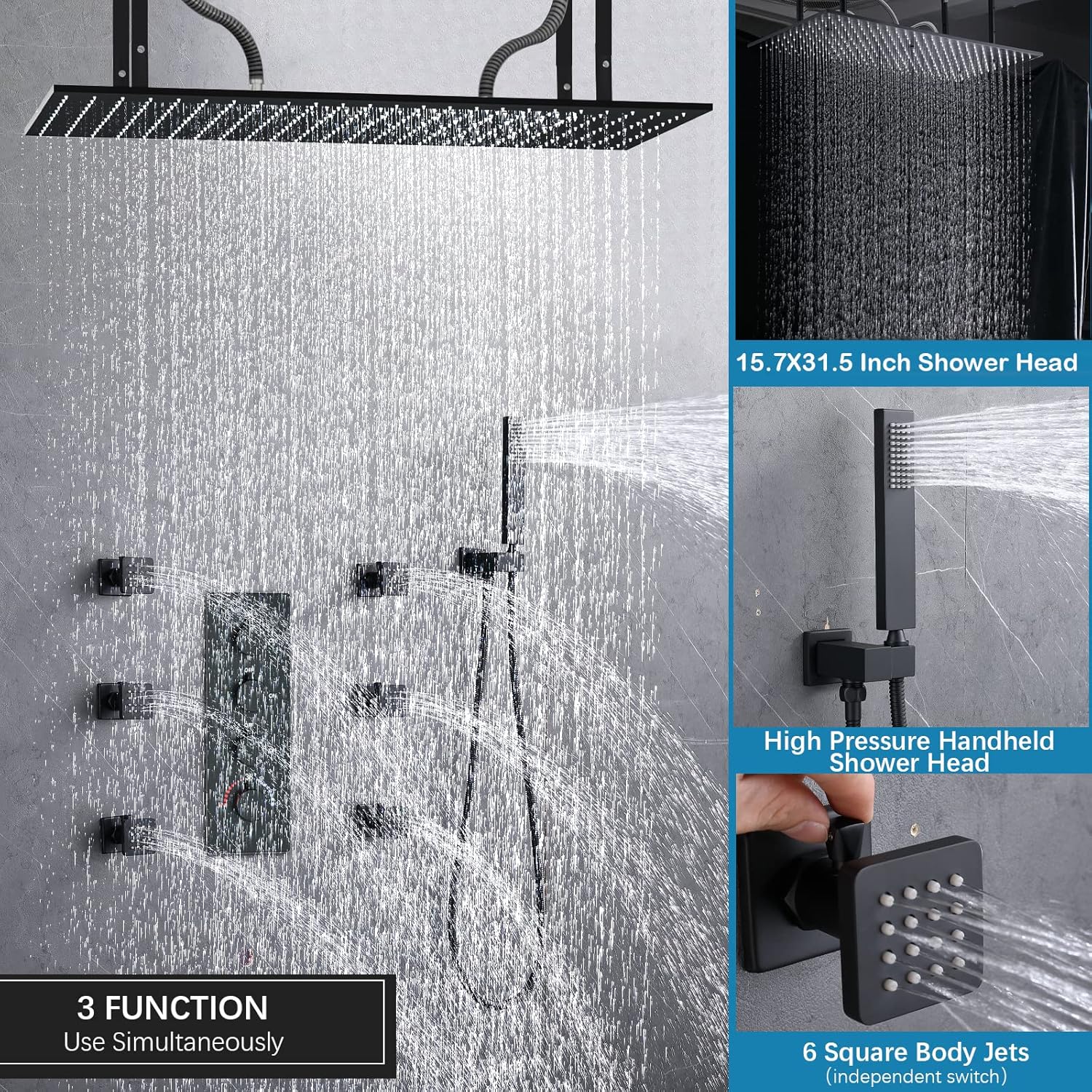 Matte Black Shower System 16 Inches Ceiling Mount Full Body Shower Faucet Set Brass Thermostatic Massage Shower with On/Off Body Jets and Handheld Can Run All At Once
