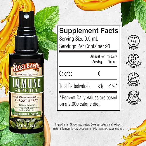 Miniatura 5 de Barlean's Olive Leaf Complex - Espray para garganta – Menta con limón y salvia – Extracto de hoja de oliva de amplio espectro, 1.5 onzas