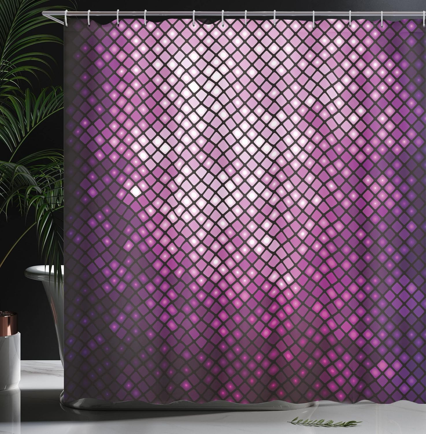 Ambesonne Purple Shower Curtain, Futuristic Bound Diagonal Disco Inspired Mosaic Effect Technology Themed Futuristic Style Graphic, Cloth Fabric Bathroom Decor Set with Hooks, 69" W x 70" L, Violet