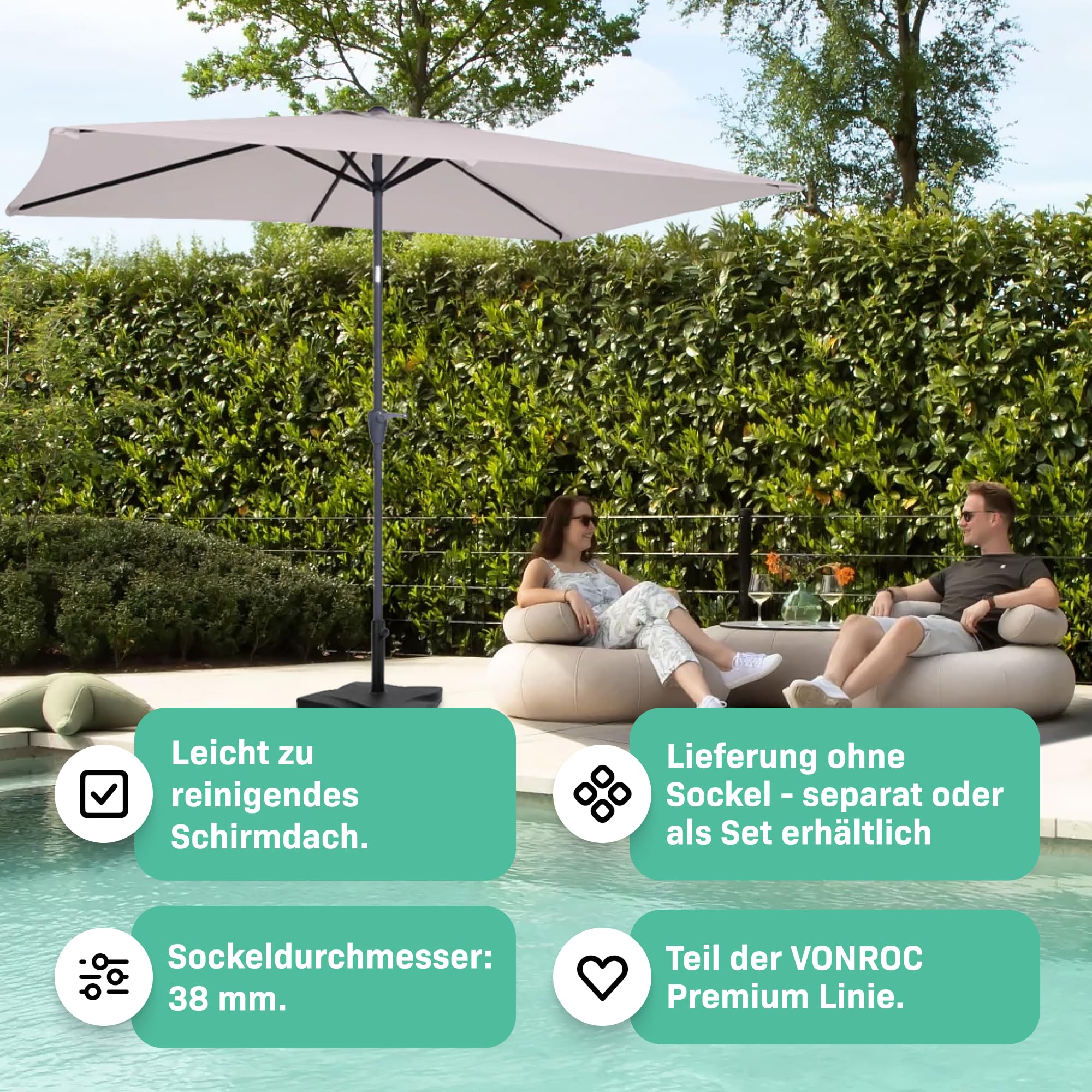 VONROC Sonnenschirm rechteckig 200x300 - Rechteckiger Sonnenschirm für Terasse, Garten, Balkon, Gastro - Knickbar, Kurbel, Wetterfest - Rapallo