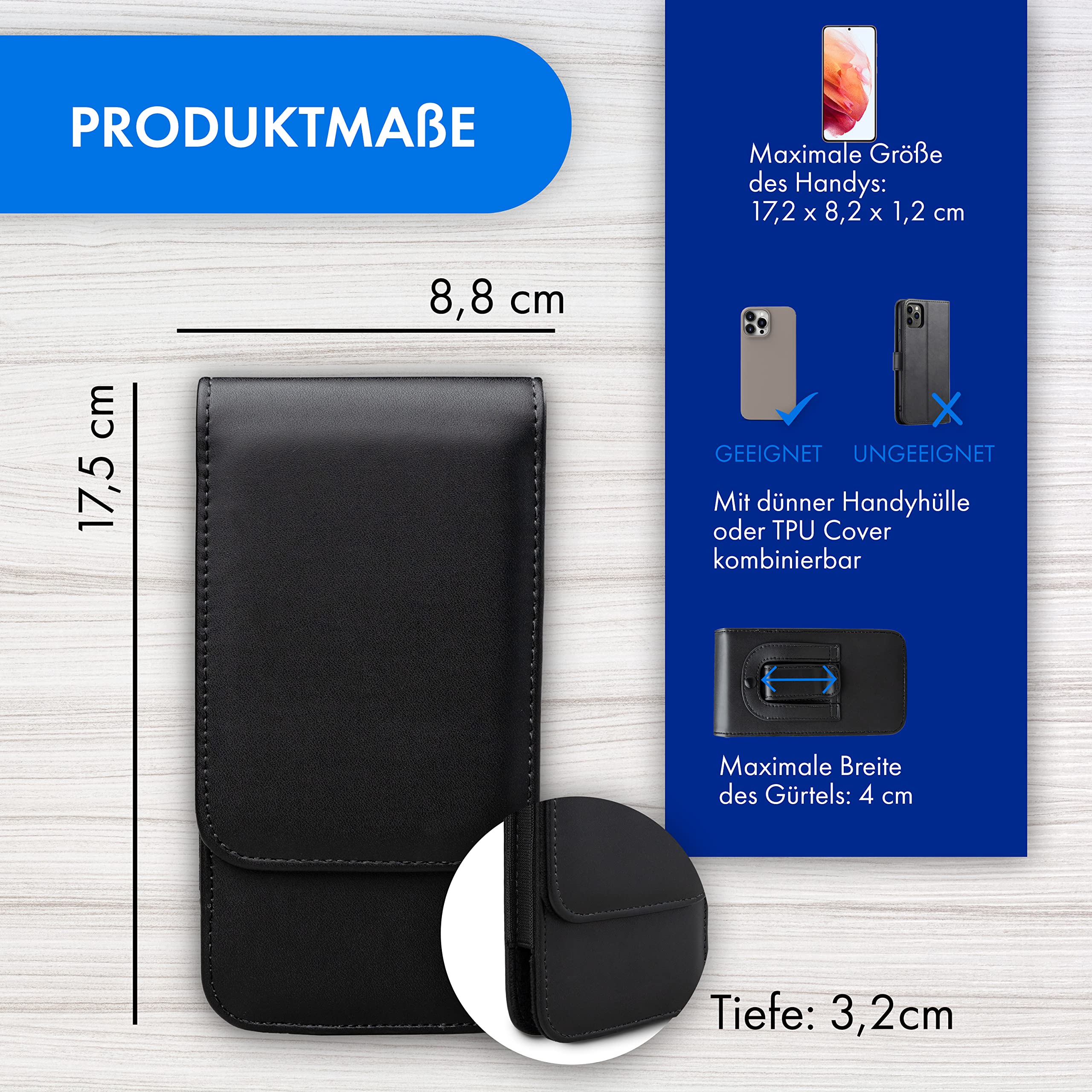Étui Ceinture Universel Pour Smartphone - Clip Métal - Jusqu'à 4 Cm De Largeur - Noir Cuir Synthétique - Protection Anti-rayures