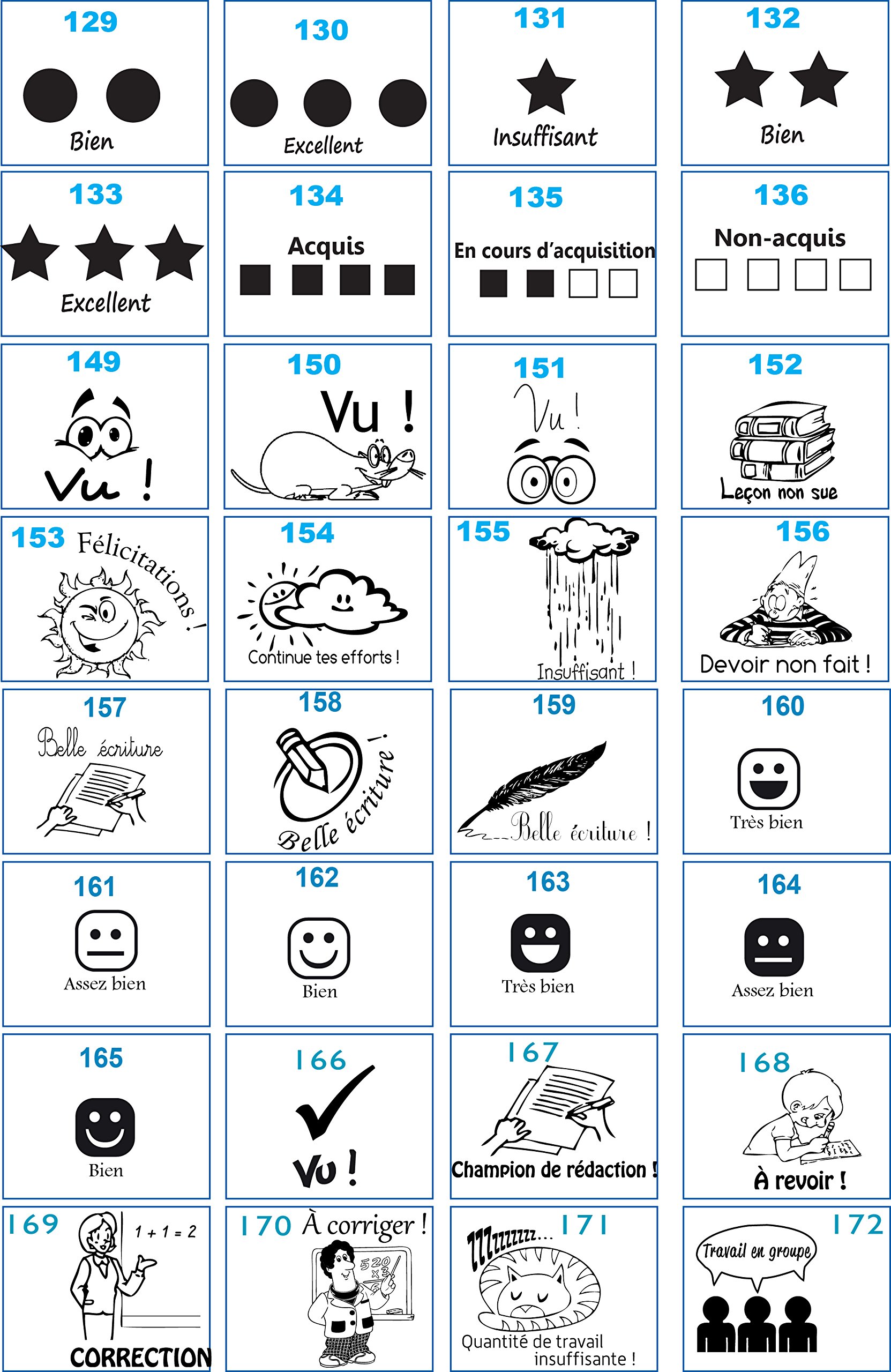 Lot 10 Tampons Encreurs - Bois - Smiley - Appréciation - Enseignant - Professeur - Ecole