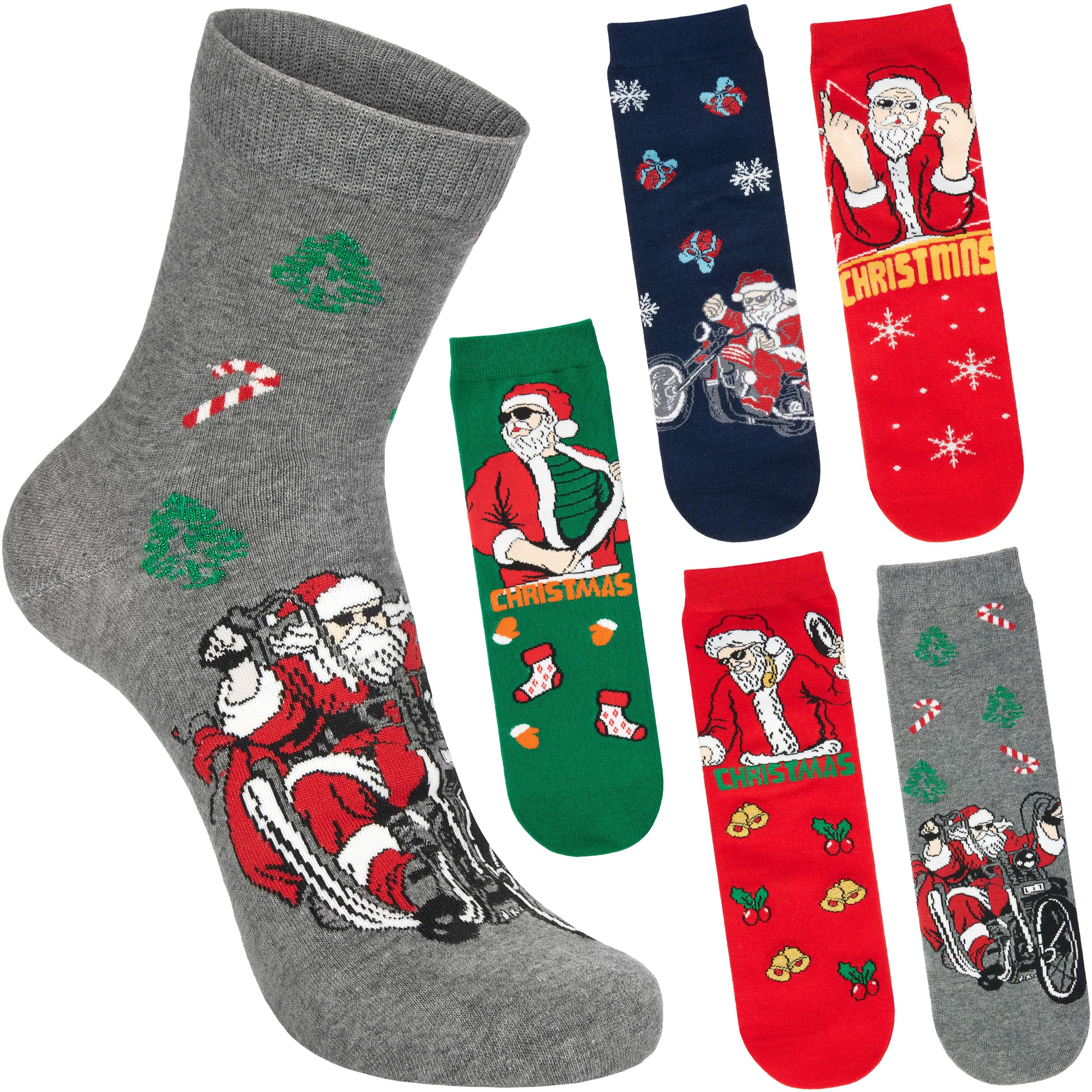 BRUBAKER 5 Pairs of Christmas Socks - Cool Santa - Santa Claus Biker on a Motorbike & Rapper - Funny Men's Sock Set - Colourful Cotton Footwear - Gift for Men - Size 7-11 UK (41-45 EU)