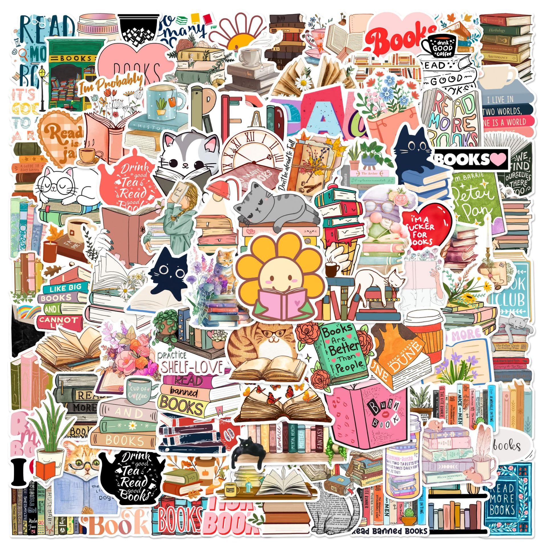 100Pcs Book Stickers for Water Bottles Laptops Scrapbook Luggage Phone Car Journal Skateboard DIY Helmet Guitar Computer Notebook,Waterproof Aesthetic Decals for Kids Teens Adults