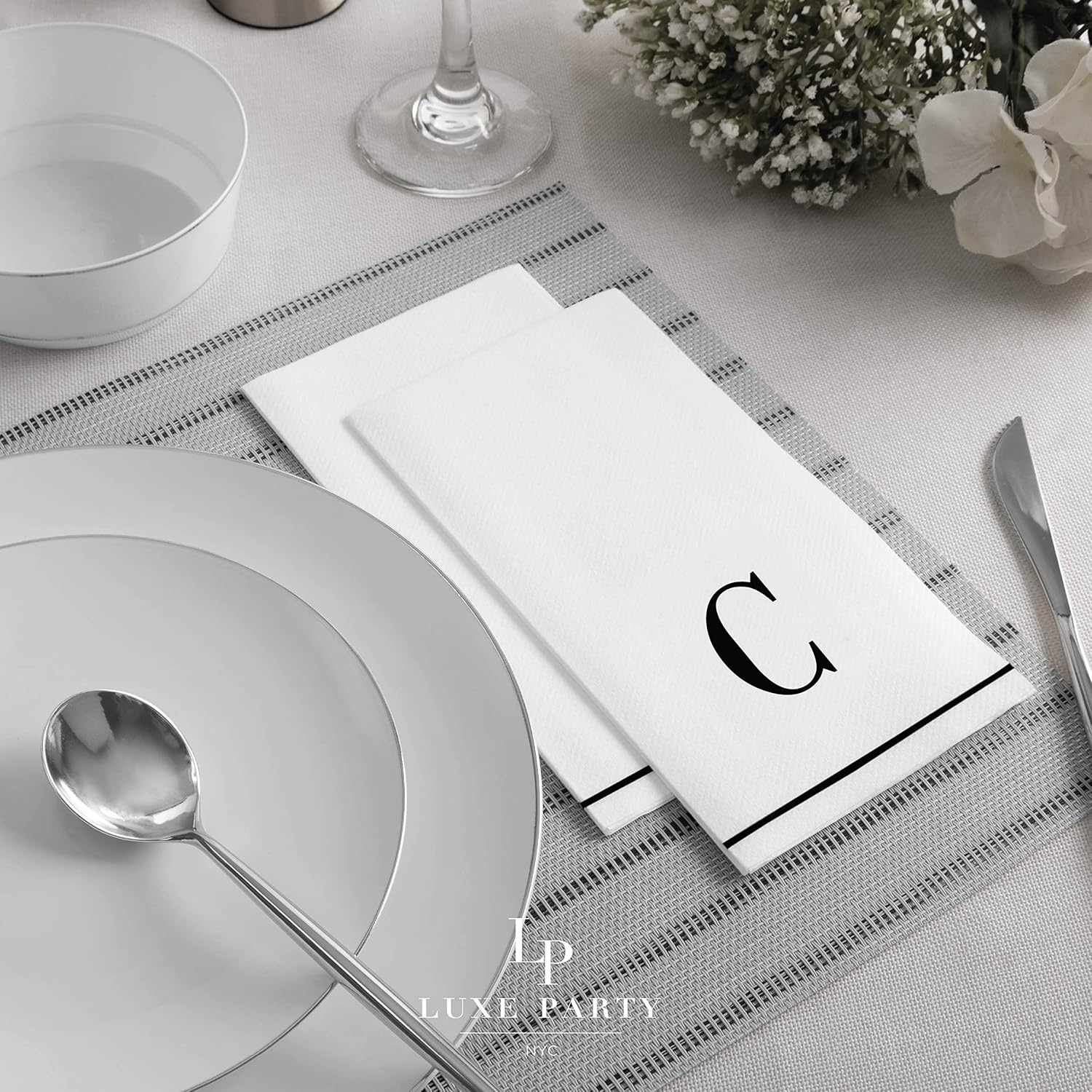 Luxe Party 56 Pack Monogram Napkins, Letter C Initial, Disposable, Premium Airlaid, Linen Feel, Decorative Table Setting, Guest Towel Napkin, White and Black