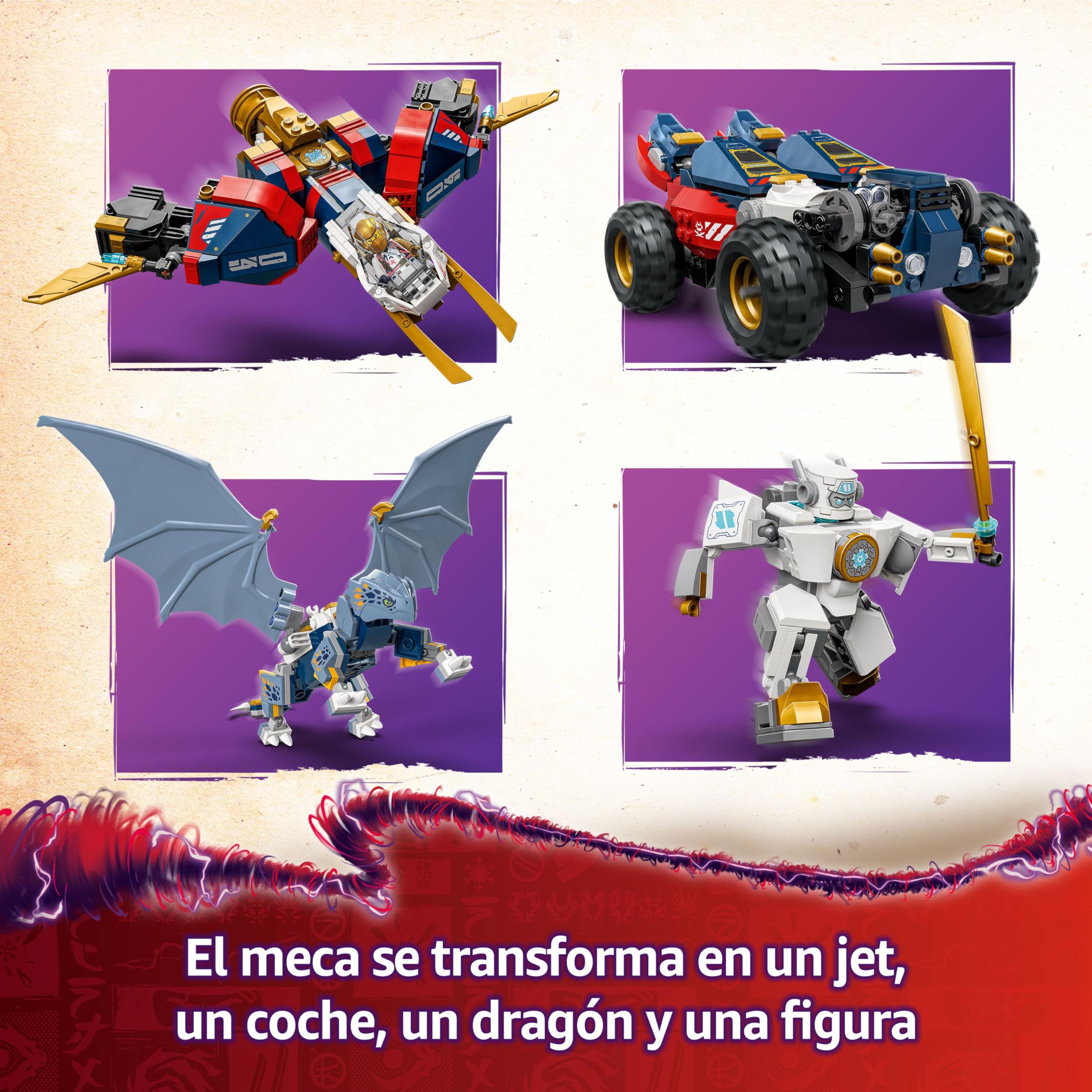 LEGO Ninjago Meca Ultra Combo de Zane Set de Construcción “4 en 1” con Coche de Juguete, Avión Jet y Figura de Dragón, Juego Ninja con 6 Minifiguras, Regalo para Niños y Niñas de 9 Años o Más 71834