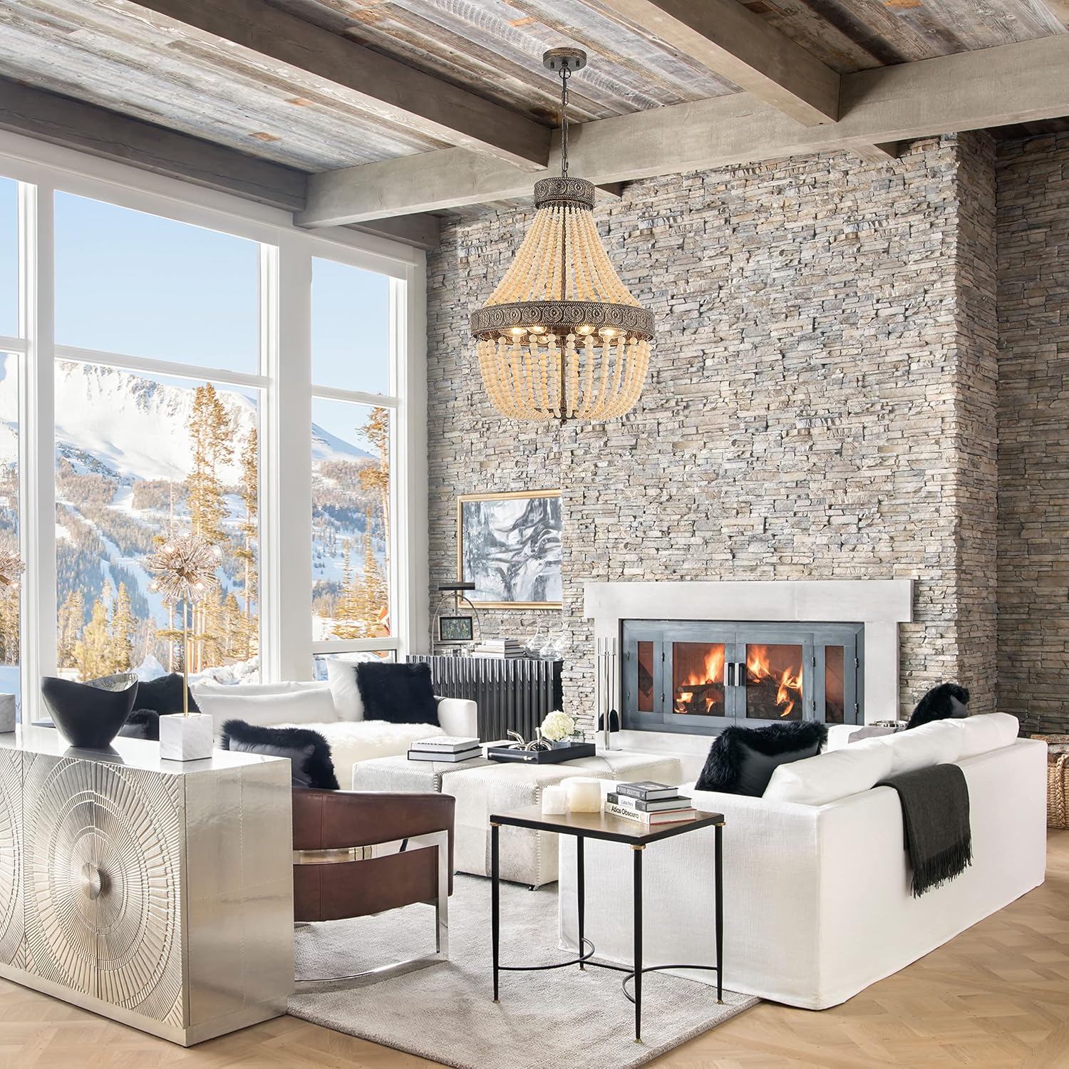 Vanity Art 6 Light Unique Tiered Chandelier with Beaded Accents | Modern Hanging Lighting, Ceiling Lights Fixtures for Dining Room Living Room Bedroom Kitchen (Black+Gold) SYB6266DW-LT