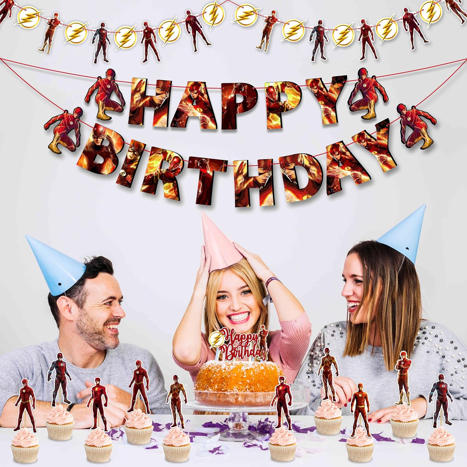 "Flsh Theme Birthday Party Supplies – Superhero Birthday Decorations Set for Boys & Girls – Includes Happy Birthday Banner, Cake Topper, Cupcake Toppers and Party Favors – Comic Theme Party Décor" image 5