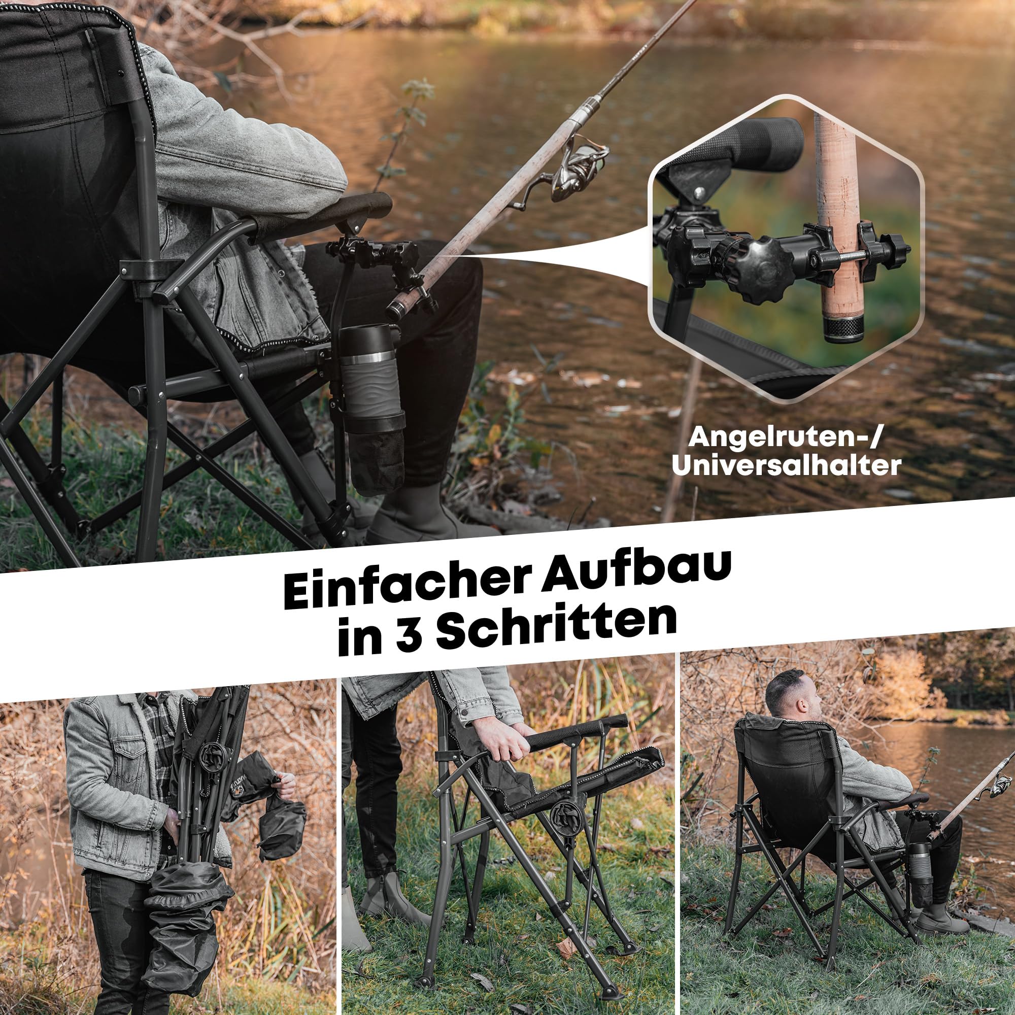 Campingstuhl Faltbar bis 160 kg Große Sitzfläche Klappstuhl | Ergonomischer Angelstuhl mit Kissen Tasche Getränkehalter, klappbarer Strandstuhl & Faltstuhl für Camping, Angeln & Outdoor