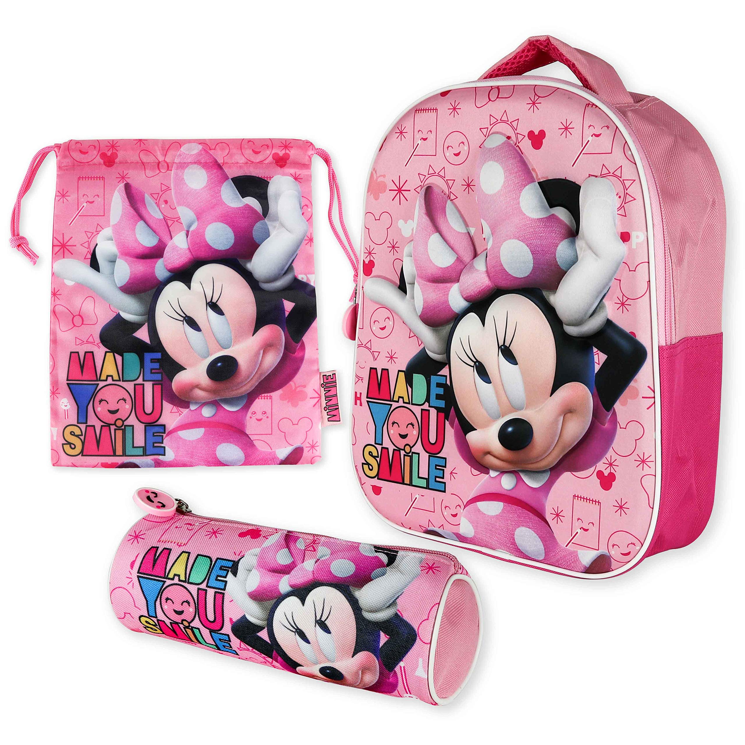 BONNYCO Mochila Infantil 3D, Estuche Escolar y Bolsa Merienda de Cuerdas Pack Diseño Colorido – Disney | Mochila Escolar Niña de 3 Años | Material Escolar Vuelta al Cole Minnie Mouse