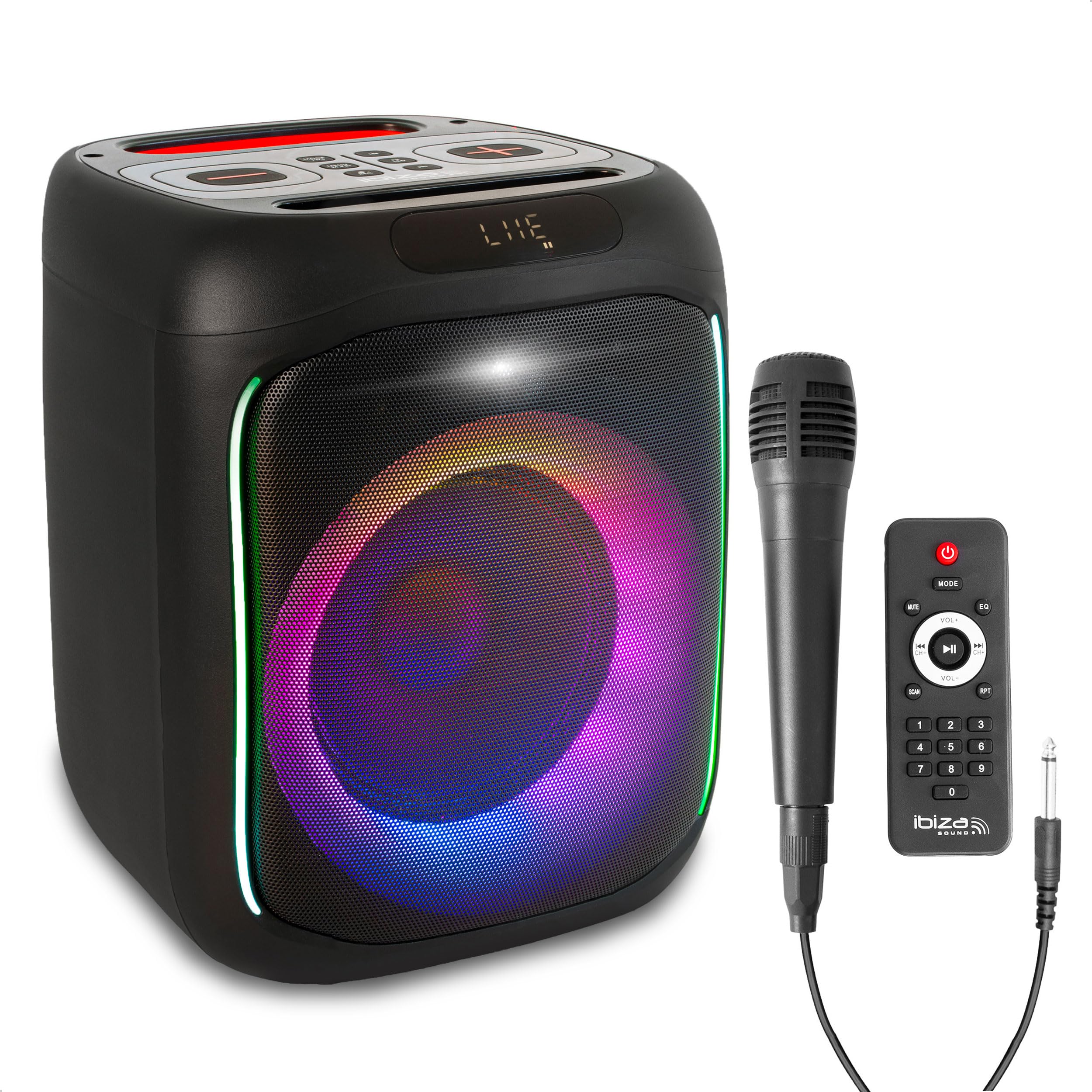 Ibiza - CUBE180 - Altavoz a pilas de 6,5"/16cm 180W con micrófono con cable y efecto de luz - Bluetooth, USB, MicroSD, TWS - Negro