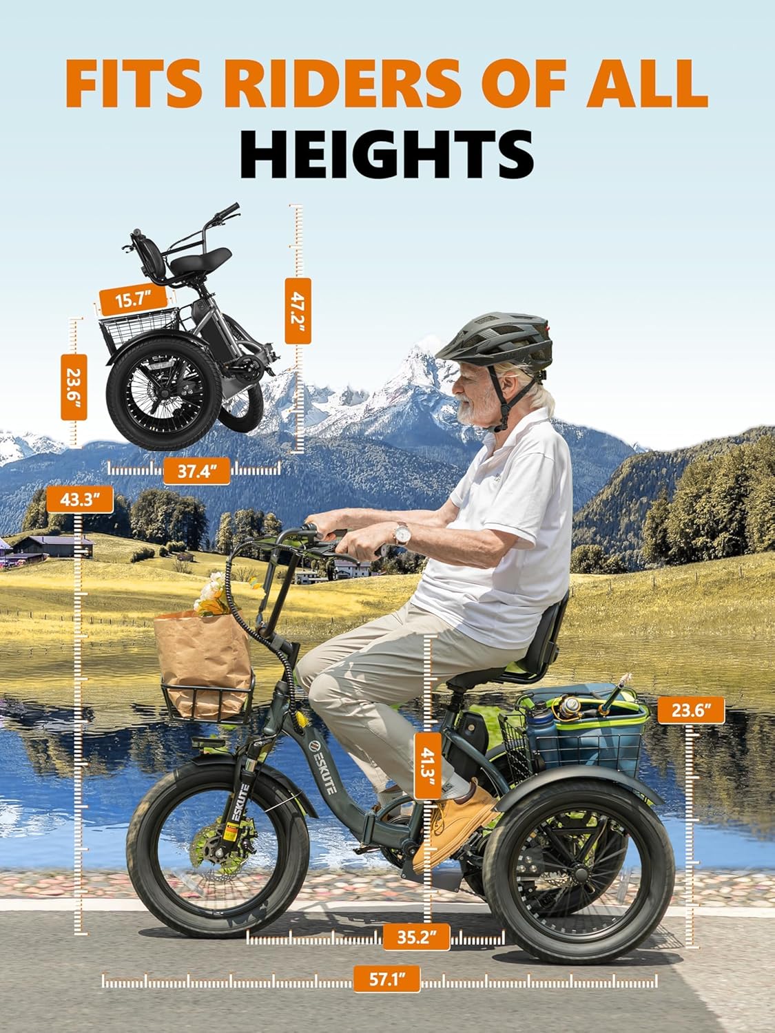 T300 Adults Electric Trike Bike, 1200W Peak Motor & 624Wh Removable Battery,18x3.0 Fat Tire Foldable 3-Wheel E-Bike with Step-Thru Design, Up to 65 Miles, Gift for Parents