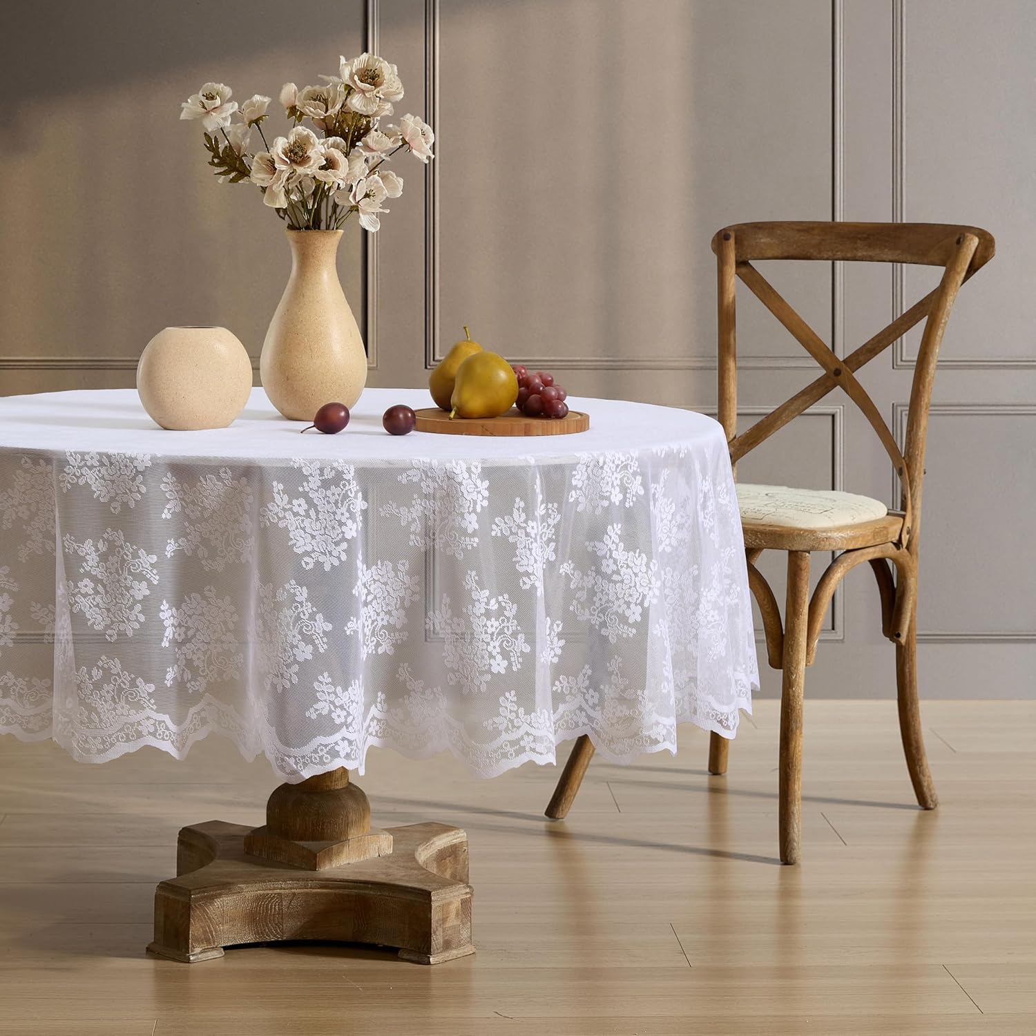 HLC.ME Jolene Floral Lace Tablecloth Round, Lace Fabric Table Cloth for Round Tables, Wrinkle Resistant Tablecloth, Patterned Scalloped Tablecloth (90 Round, Linen Taupe)