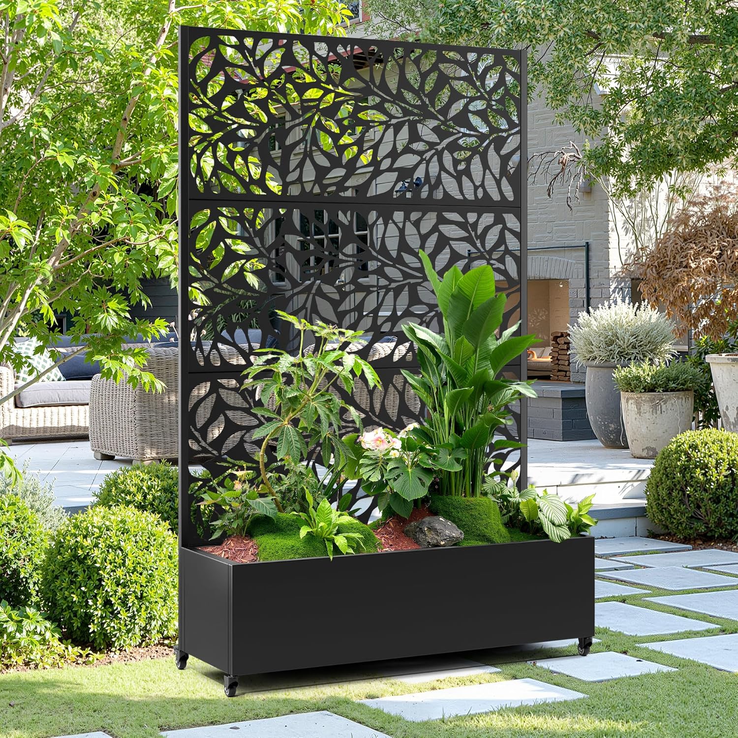 Metal Planter Box with Trellis for Patio, Privacy Planter Box with Trellis for Climbing Plants, Large Raised Garden Bed with Privacy Screen, Features Drainage Holes and Wheels (Black, Spring)