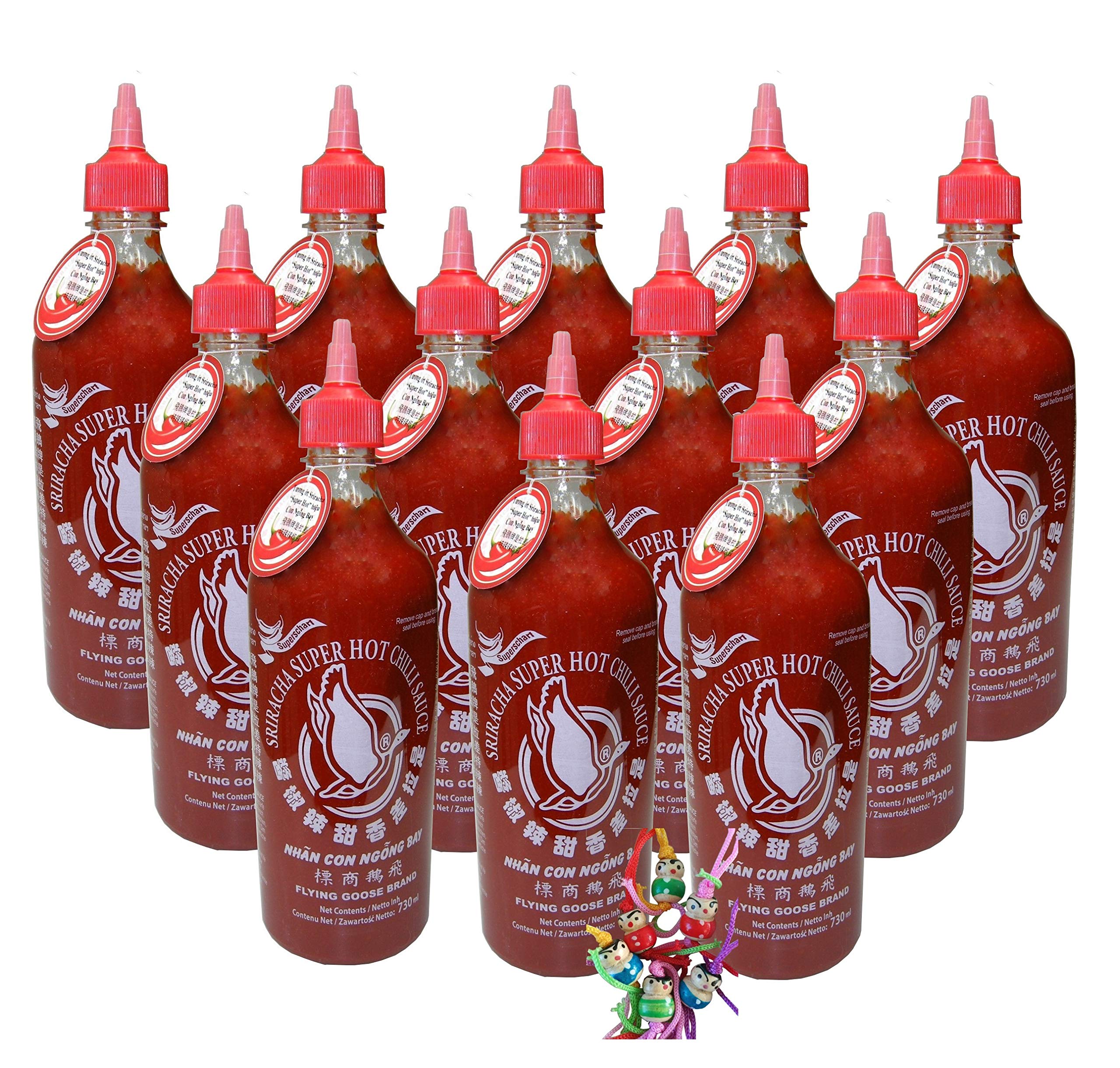 12er Pack - FLYING GOOSE [ 12x 730ml ] Sriracha sehr scharfe Chilisauce SUPERSCHARF (extra Chili) Chilli Sauce + ein kleiner Glücksanhänger gratis
