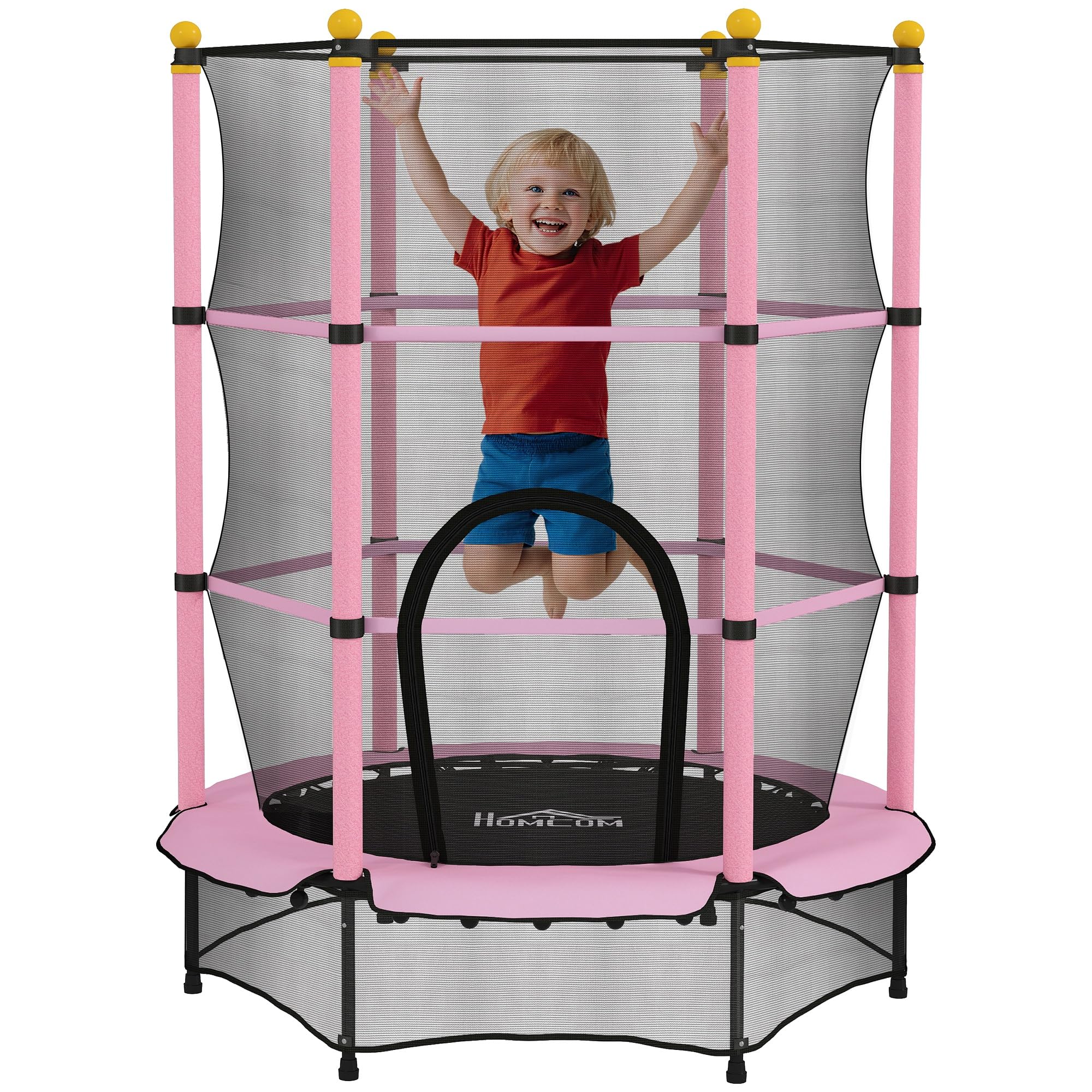HOMCOM Cama Elástica Infantil Ø140x190 cm Trampolín para Niños de +3 Años con Red de Seguridad y Marco de Acero para Interior y Exterior Rosa y Negro