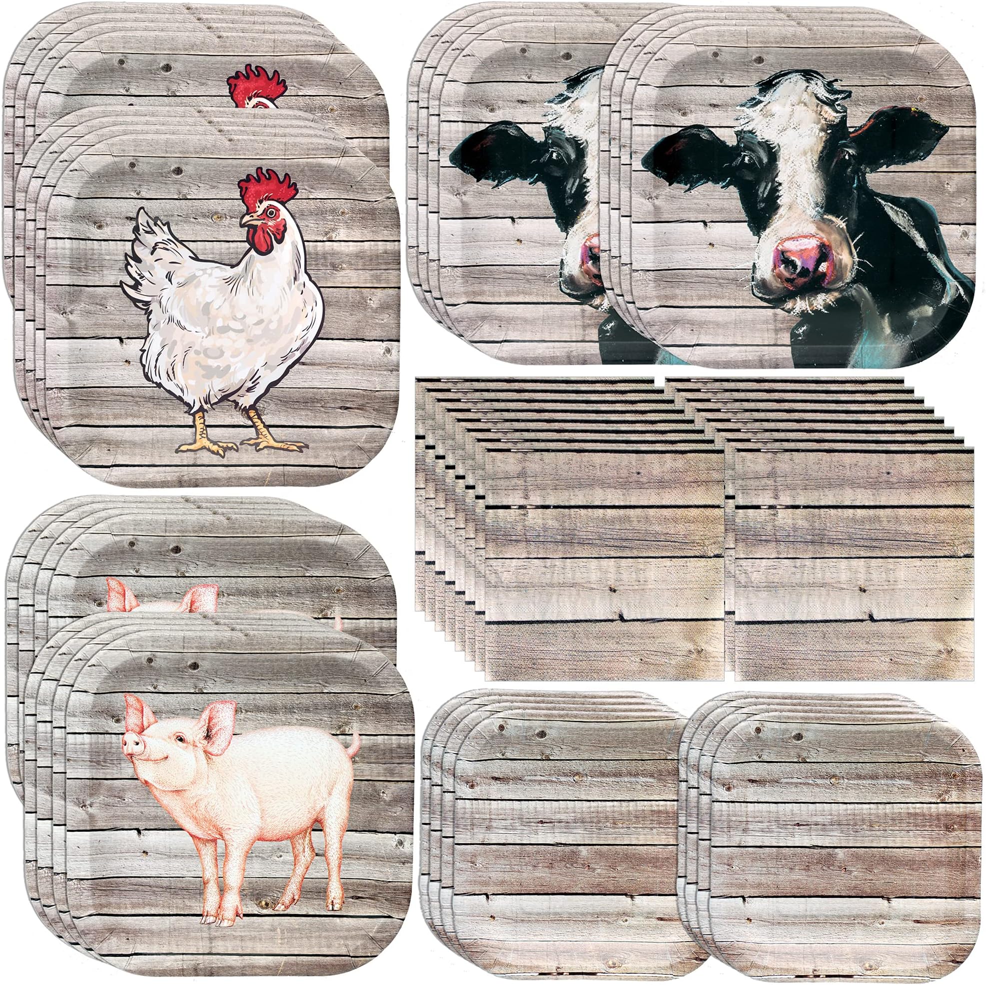 Havercamp Farm Table Party Bundle - 8 Pig Dinner Plates (9"), 8 Cow Plates (9"), 8 Chicken Plates (9"), 8 Barn Wood Dessert Plates (7"), 16 Luncheon Napkins - Rustic Barn Decor Set Supply