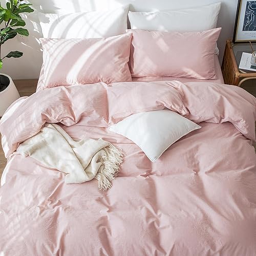 Miniatura 4 de MooMee Juego de funda de edredón 100% algodón lavado con textura parecida al lino, transpirable, duradero, suave, cómodo (rosa pálido, King)