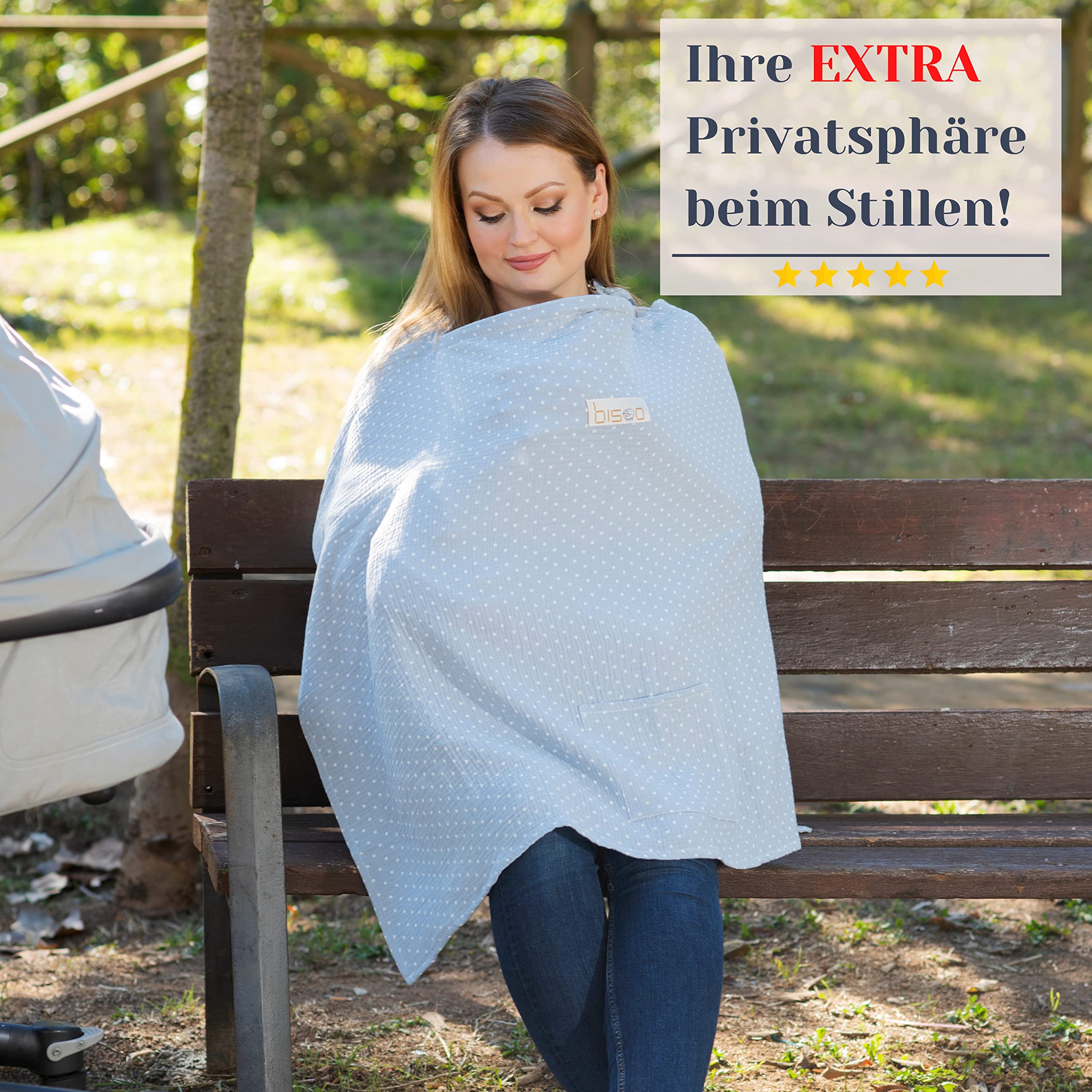 Bisoo Stilltuch für Unterwegs - Still Einstellbar Schal 100% Musselin, Atmungsaktiv, Multifunktional mit Aufbewahrungstasche - Baby Blau