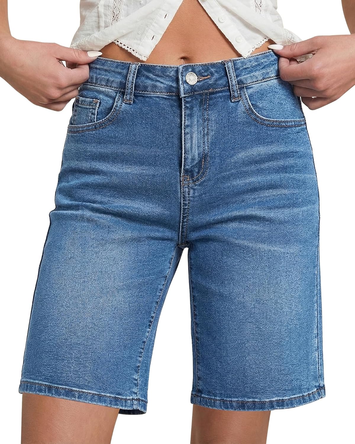 LookbookStore Bermuda Shorts for Women High Waisted Classic Casual Long Jean Shorts Stretchy Denim Jorts with Pockets