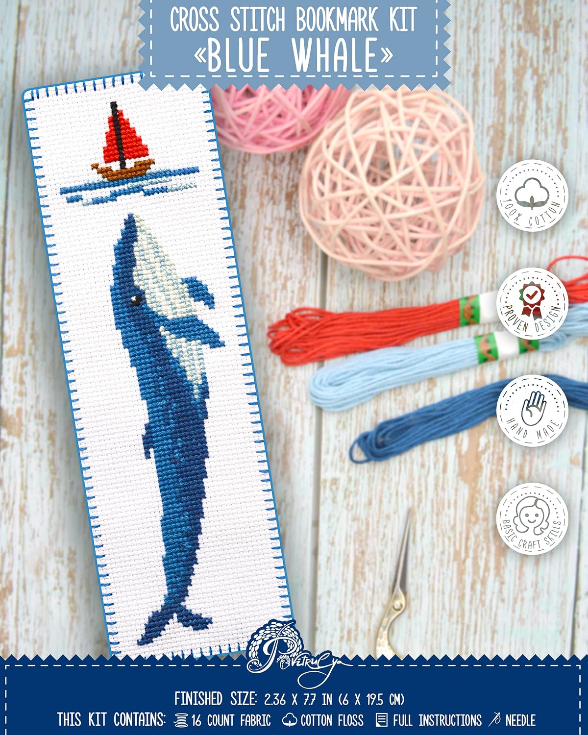 Povitrulya Blue Whale - Embroidery Set for DIY Bookmark - Counted Cross Stitch Kit with Paper Pattern, 16 Count Aida Canvas and Pre-Sorted Floss
