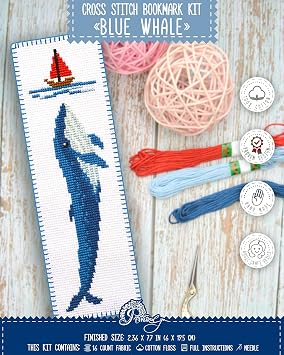 Povitrulya Blue Whale - Embroidery Set for DIY Bookmark - Counted Cross Stitch Kit with Paper Pattern, 16 Count Aida Canvas and Pre-Sorted Floss