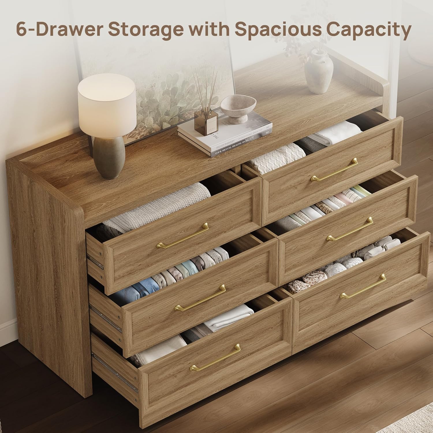 SICOTAS 6 Drawer Dresser for Bedroom-112.8" Extra-Wide Wooden Chest of Drawers with Large Storage, Long Dresser TV Stand with Drawers, Mid Century Modern Closet Dressers for Nursery, Brown Oak, 2PCS