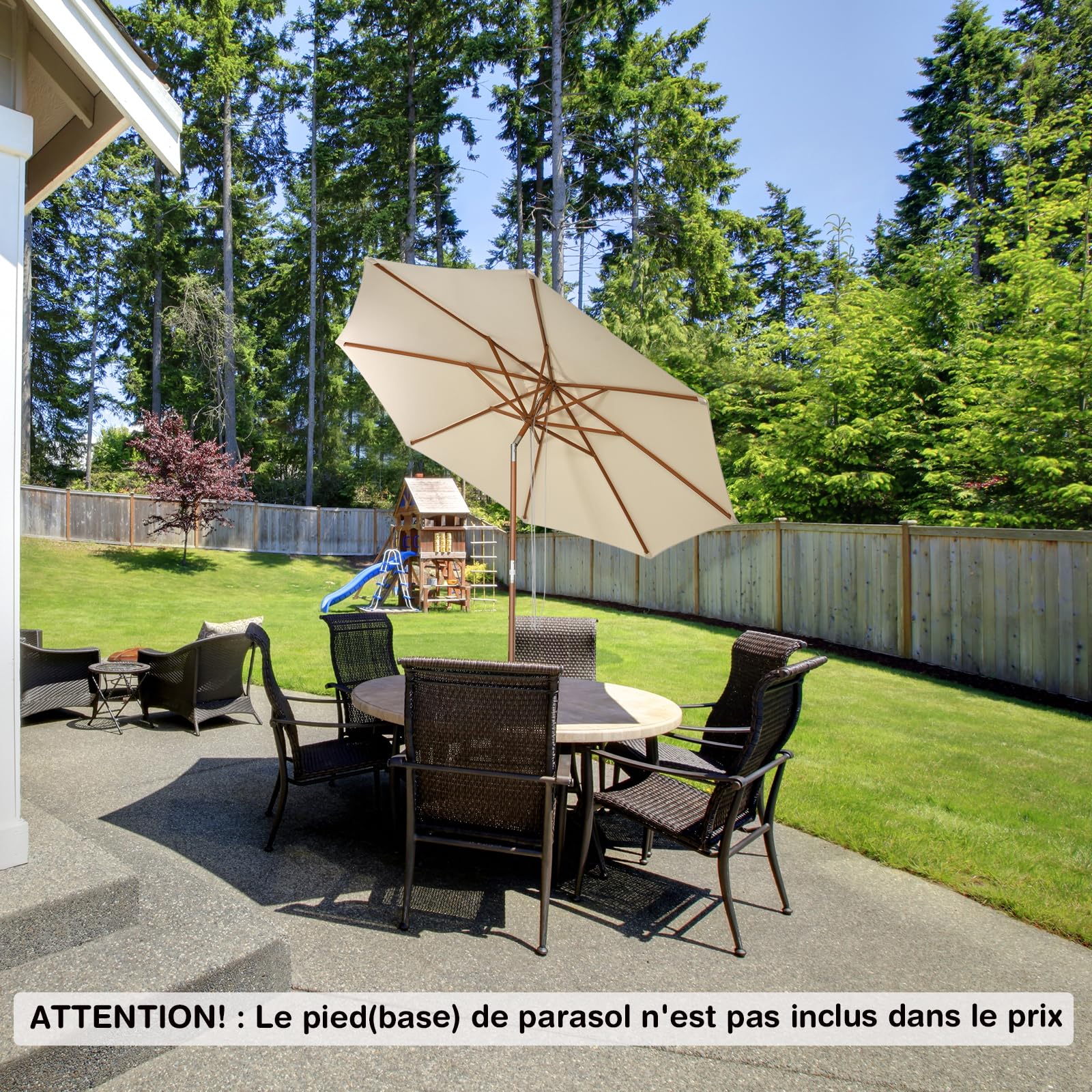 GOPLUS Parasol de Jardin Exterieur 3M, Parasol Inclinable à Corde en Bois avec 8 Baleines en Bambou, Levage par Poulie, Protection Solaire, pour Piscine, Cour, Base Non Incluse