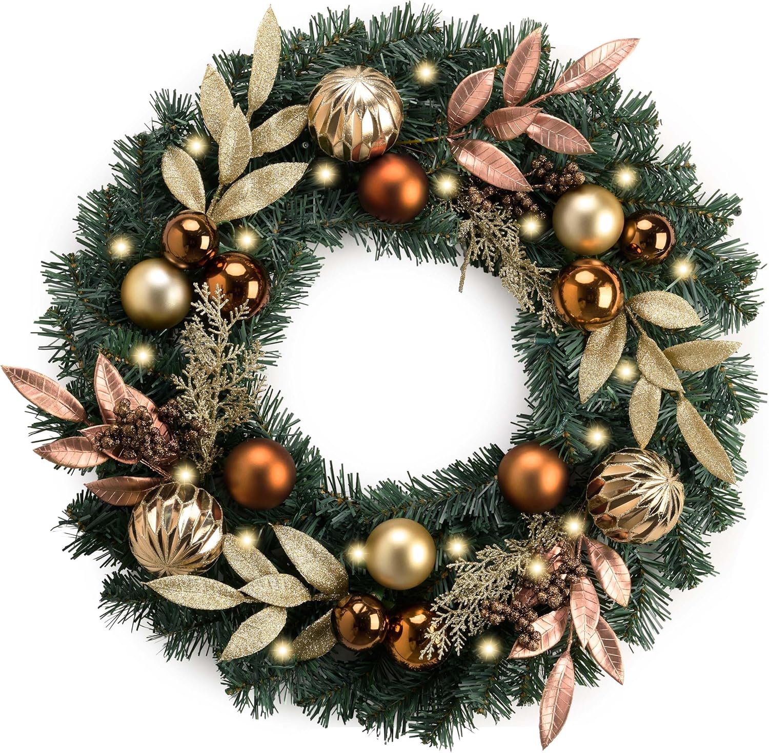 Valery Madelyn 20'' Pre-Lit Christmas Wreath for Front Door with Lights, Lighted Christmas Door Wreath with Bronze Copper Good Balls for Home Porch Fireplace Window Holiday Party Wall Decor