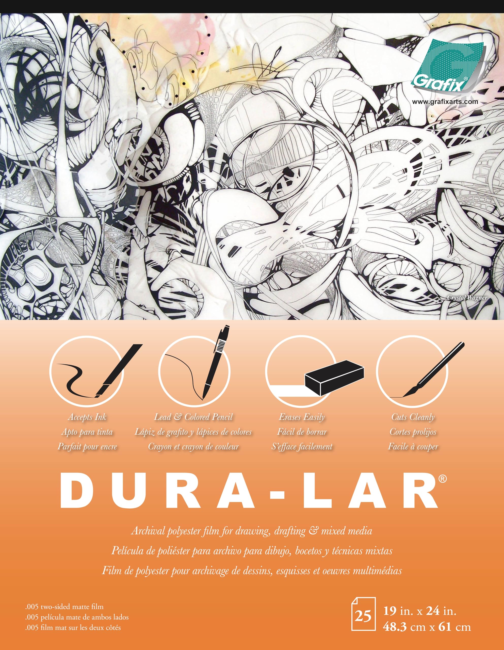 Grafix 19 x 24”, Pad of 25 – .005” Dura-Lar, Economical Alternative to Drafting Film and Acetate, Translucent Drawing Surface for Lead, Ink, Charcoal, Paint, and Colored Pencil, Polyester, Matte