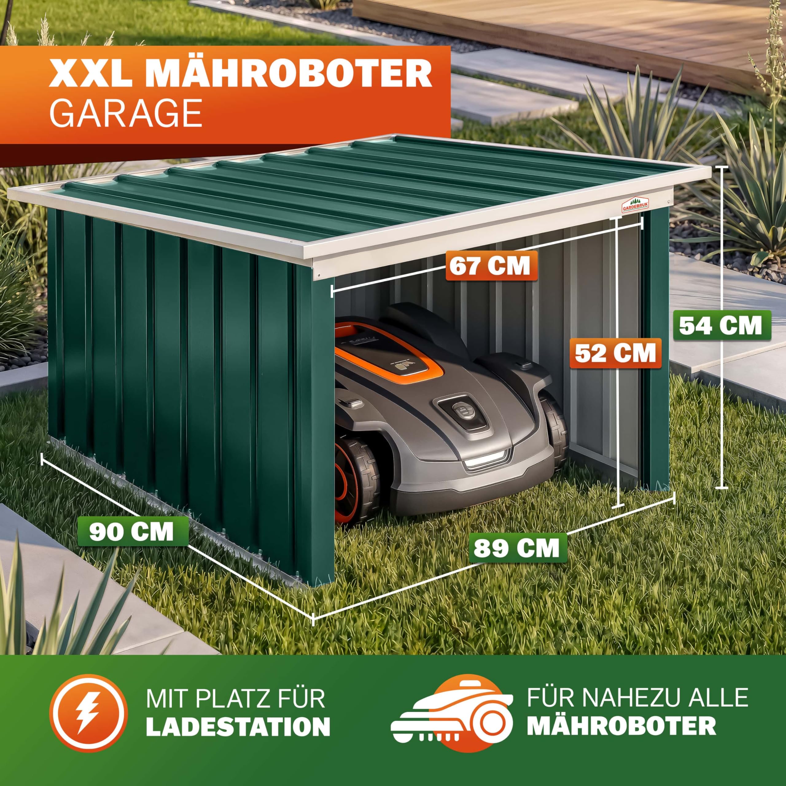 Gardebruk® Mähroboter Garage 89x90x54cm Pultdach Metall Wetterbeständig Dach klappbar 4X Erdanker Carport Regenschutz Rasenroboter Grün