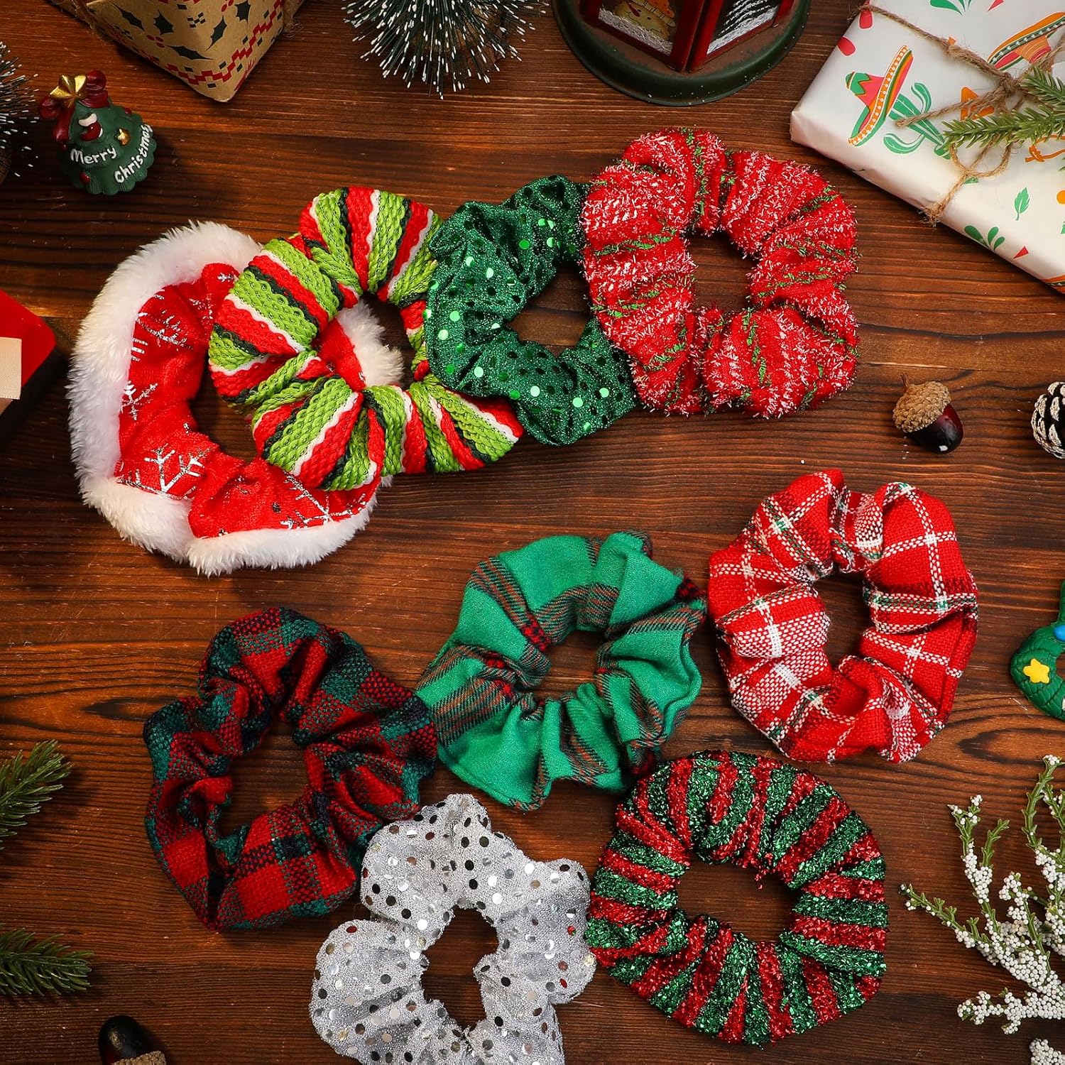 60 Pcs Christmas Scrunchies for Women Christmas Hair Scrunchies Bulk Holiday Scrunchies Velvet Soft Elastic Snowflake Ponytail Holder Plaid Christmas Scrunchie Gift Pack for Women