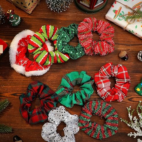 Miniatura 4 de 60 coleteros de Navidad para niñas, coleteros de Navidad a granel, coleteros de terciopelo suave elástico con copos de nieve, coleteros a cuadros,