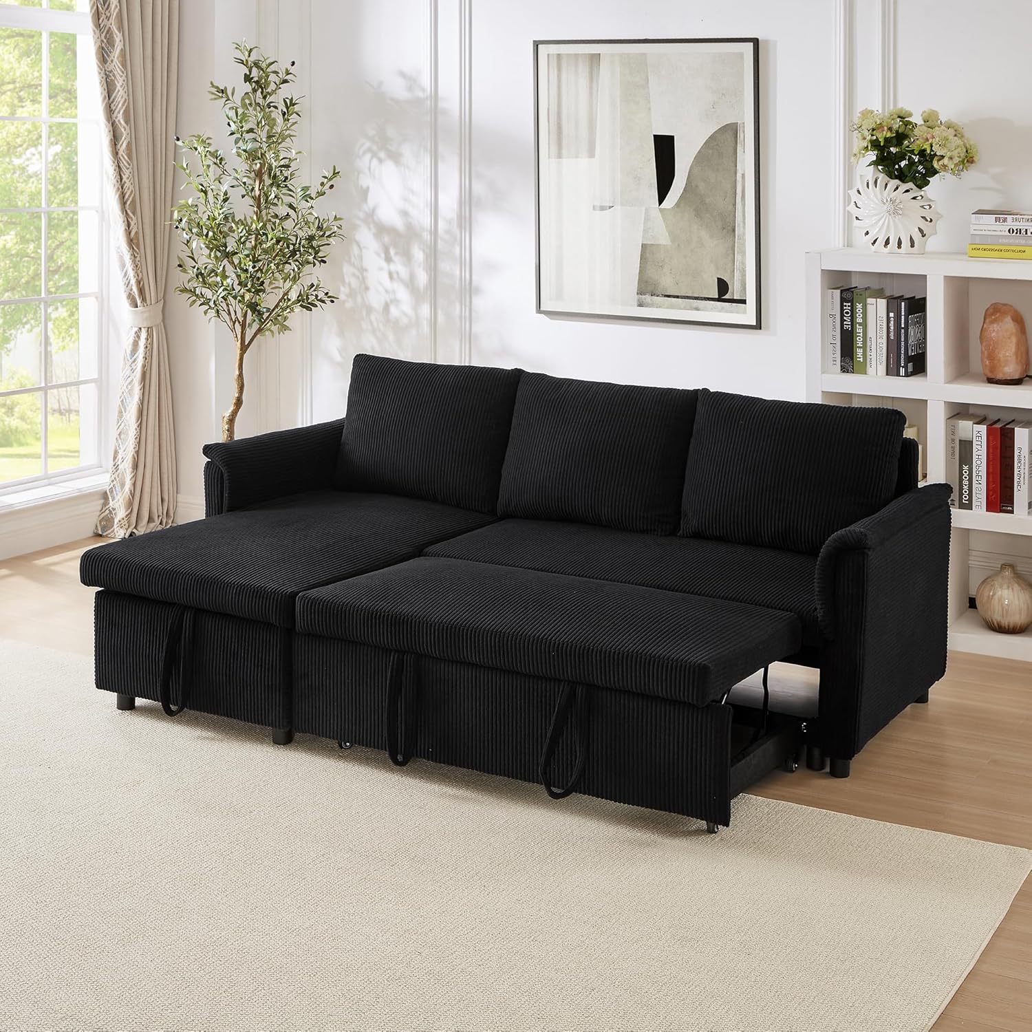 KEIKI 77" L-Shaped Modular Corduroy Sectional Sofa with Pull-Out Bed, Storage Chaise Lounge, Reclining Backrest, Convertible 3-Seater Sleeper Couch Bed, Easy Assembly, for Living Room, Bedroom, Black