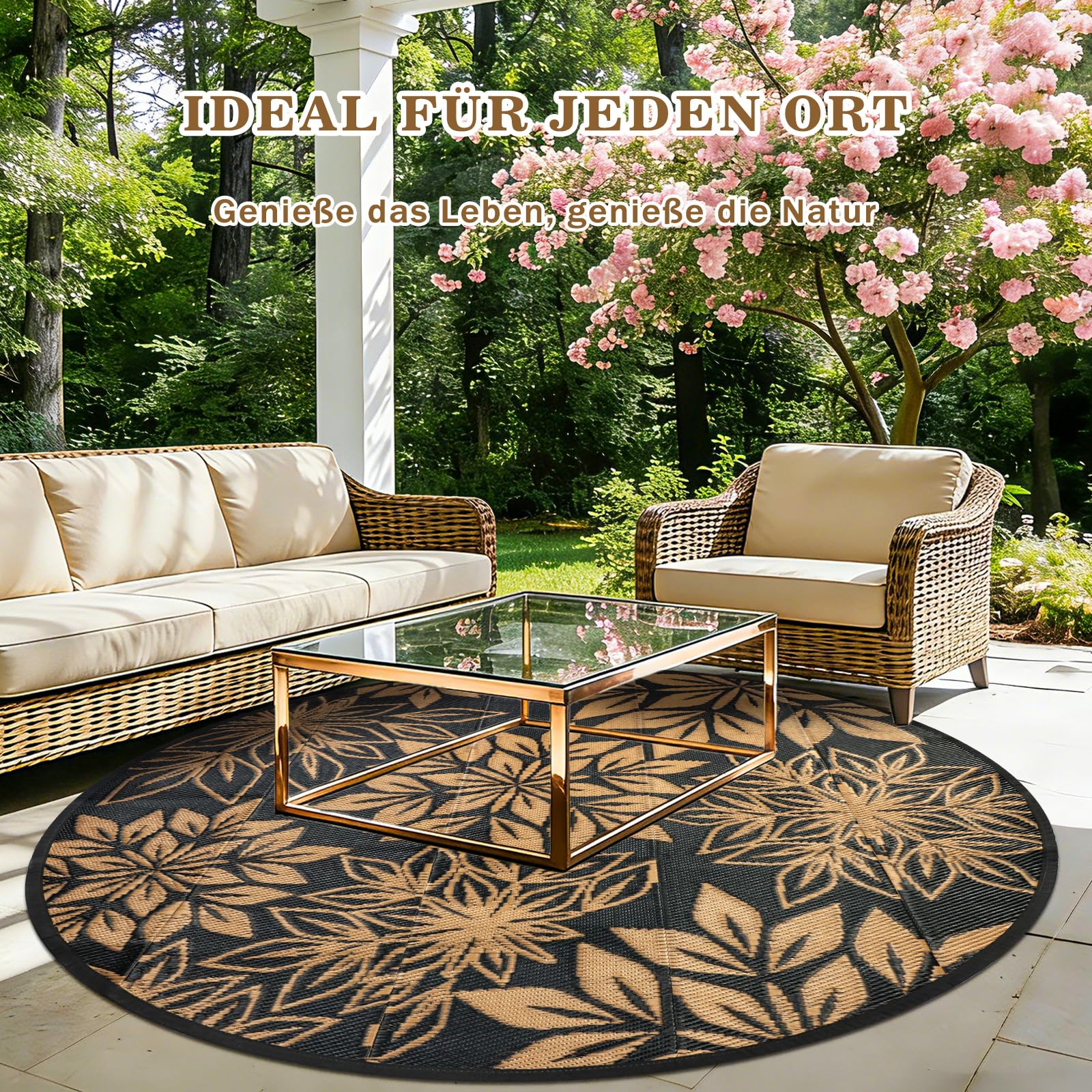 Outdoor Teppich Rund Schwarz 180 cm, Boho Wetterfest Wendbarer Outdoorteppich, Kunststoff Terrassenteppich, UV-beständige Teppich für Garten RV Camping Deck Balkon Patio Strand Picknick Schwarz