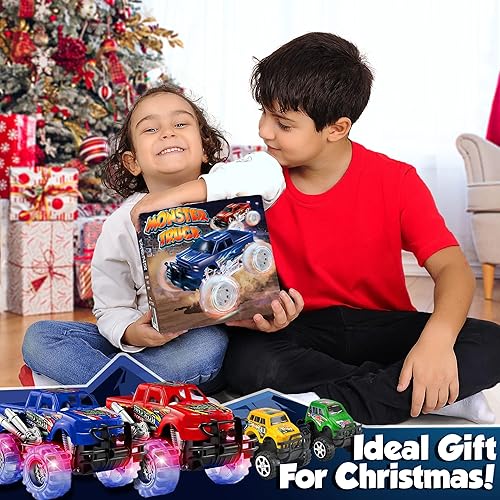 Miniatura 7 de JoyX Paquete de 4 camiones monstruos de juguete con luces LED, el mejor cumpleaños, para niños y niñas a partir de 3 años, autos Push n Go & Pull n