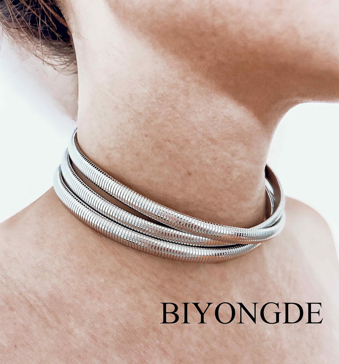 Womens Stainless Steel Triple Strand Snake Chain Choker Necklace, Chunky Exaggerated Statement Jewelry, Shining Silver Color, Dramatic and Party Style - Image 2