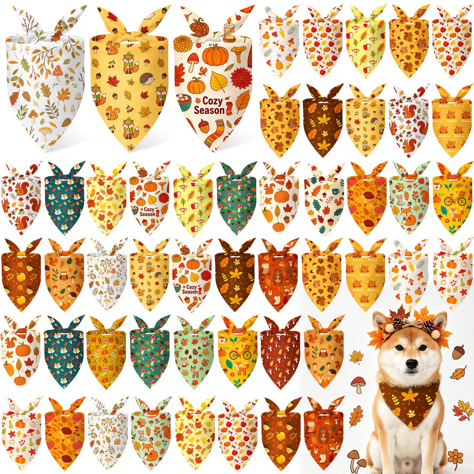 Abbylike Lot de 50 bandanas d'automne pour chien en vrac, feuille d'automne, citrouille, gland champignon | Ensemble de bavoirs triangulaires pour animaux de compagnie, accessoires photo, 25 styles, 80 x 55 x 55 cm