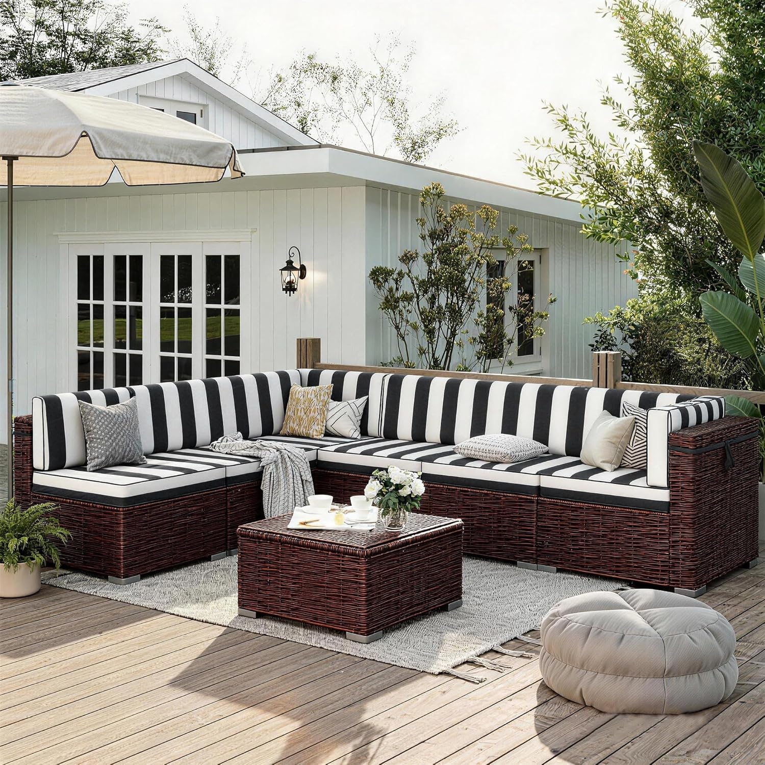 14-Piece Outdoor Sectional Cushions, Full Foam 4'' Replacement Cushions for Outdoor Furniture, Fade-Resistant Patio Furniture Cushions for 6-Seat Rattan Wicker Conversation Sets, Black White Striped