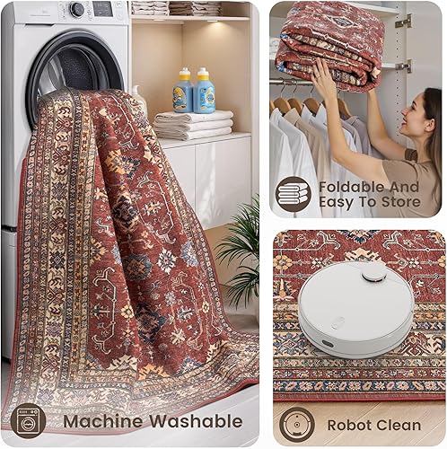 Miniatura 9 de Rugland Alfombra de 3 x 5 pies, resistente a las manchas, lavable, antideslizante, para sala de estar, alfombras tribales vintage (TPR10-borgoña, 3