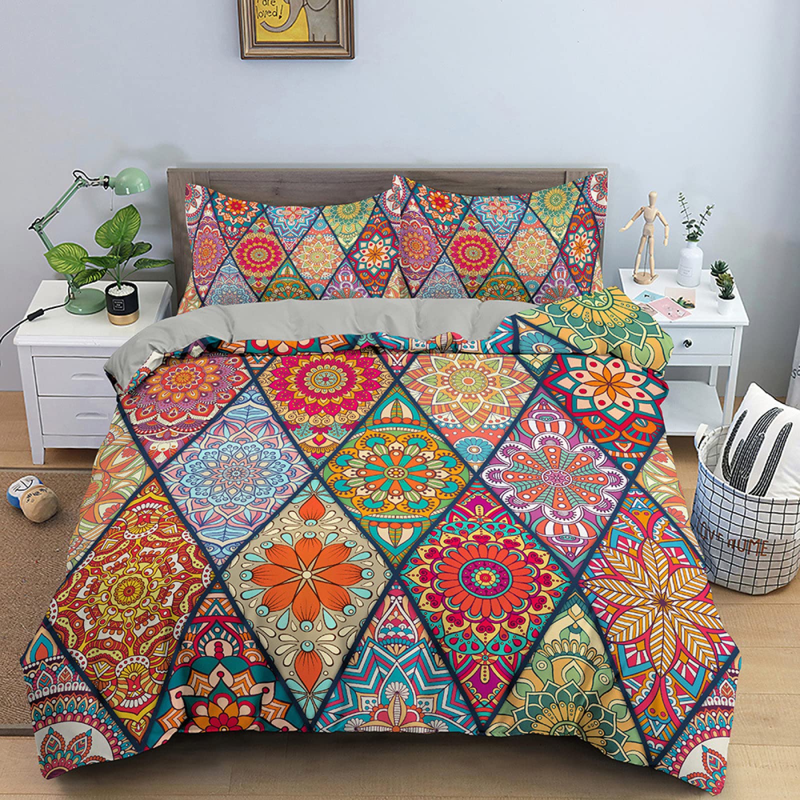 Dwetcxo King Size Duvet Cover Sets Red Green Geometry Kingsize Duvet Cover Sets Microfiber Breathable King Size Bedding Soft Bedding with Zipper Closure+2 Pillowcases 50x75cm 220x240cm