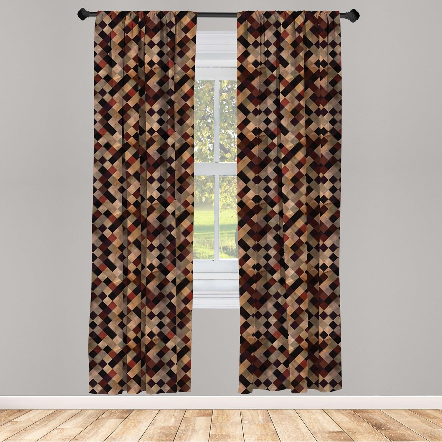Ambesonne Grunge Window Curtains, Antique Looking Checkered Pattern in Brown Tones Vintage Grid Aged Display, Lightweight Decor 2-Panel Set with Rod Pocket, Pair of - 28" x 95", Brown Coffee